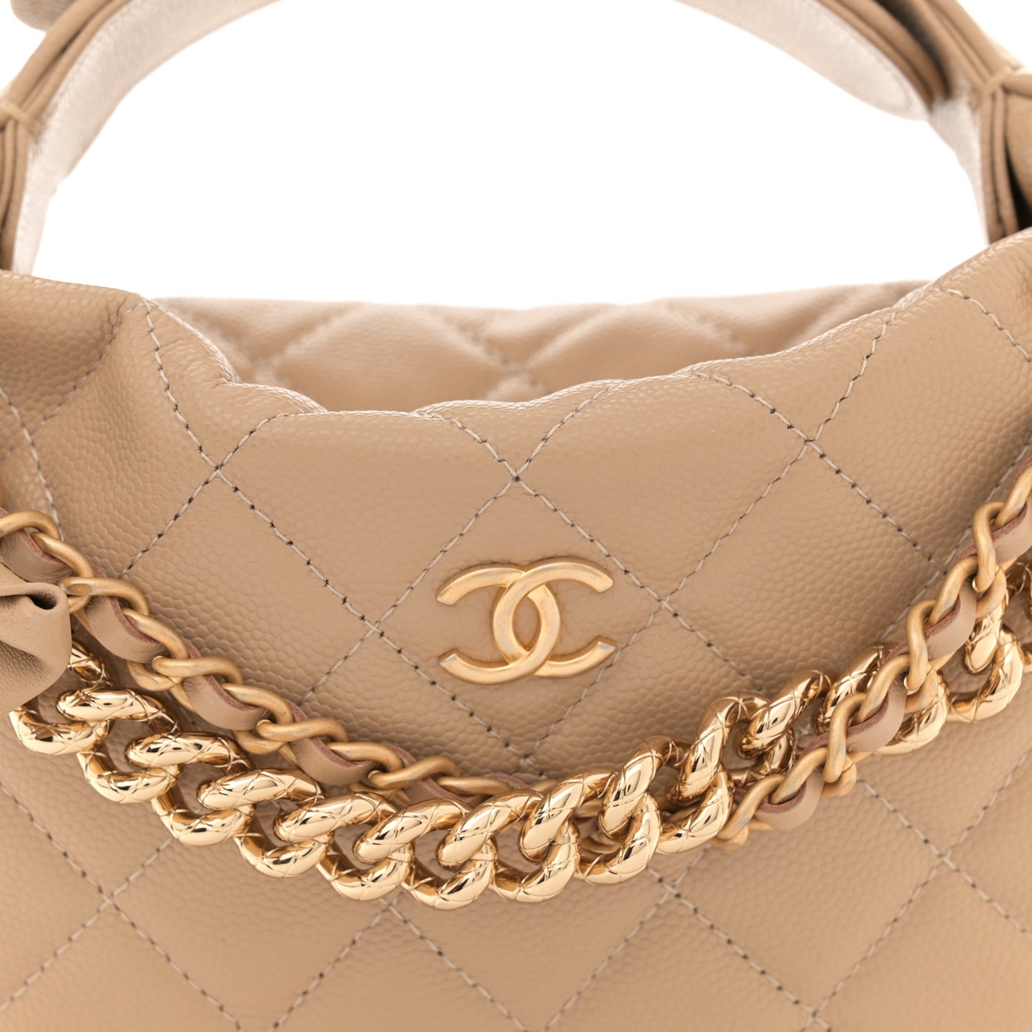 Shiny Caviar Quilted Bow Pouch Hobo Dark Beige