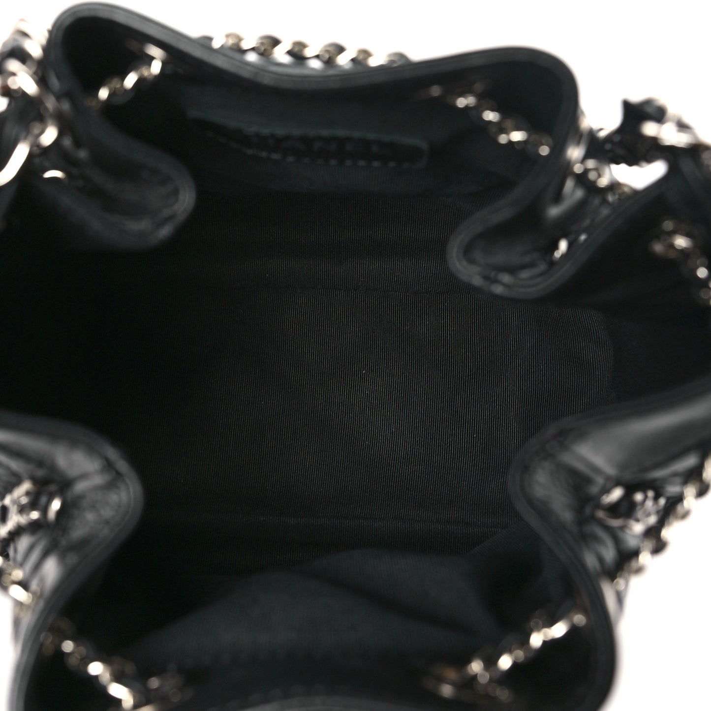 Crumpled Calfskin Quilted Chain All Over Drawstring Bucket Bag Black