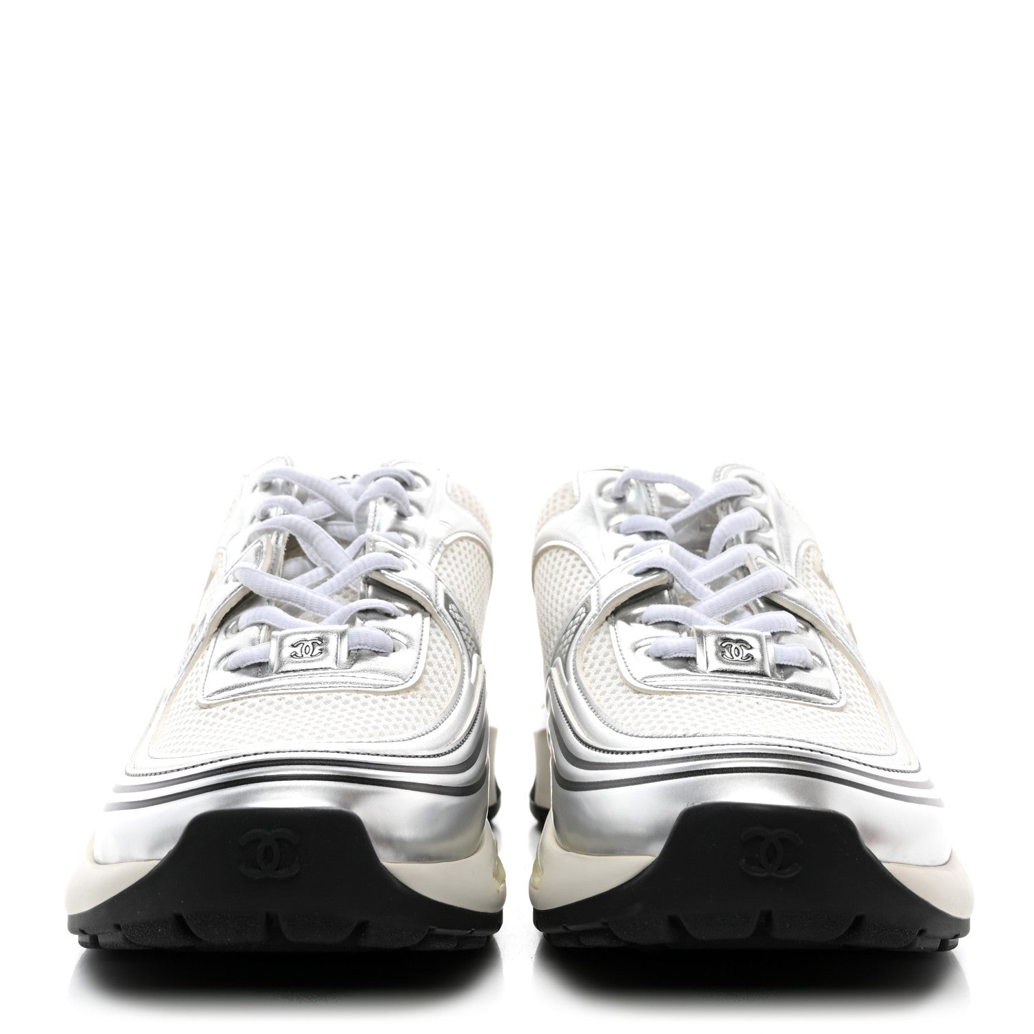 Chanel Fabric Laminated Calfskin Stretch CC Womens Sneakers 38.5 White Silver 2 of 9