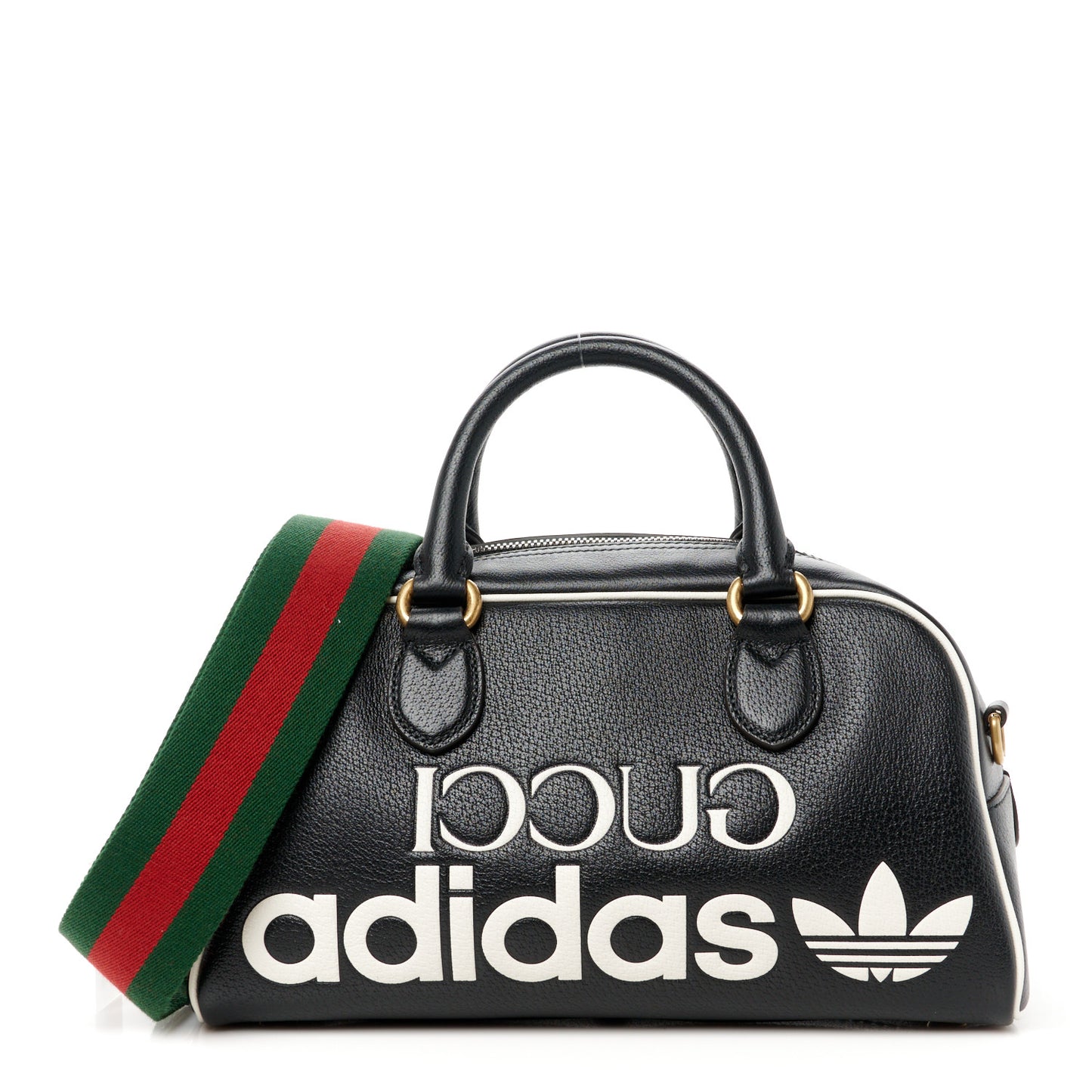 X ADIDAS Textured Dollar Calfskin Web Trefoil Logo Embossed Mini Bowling Bag Black Off White