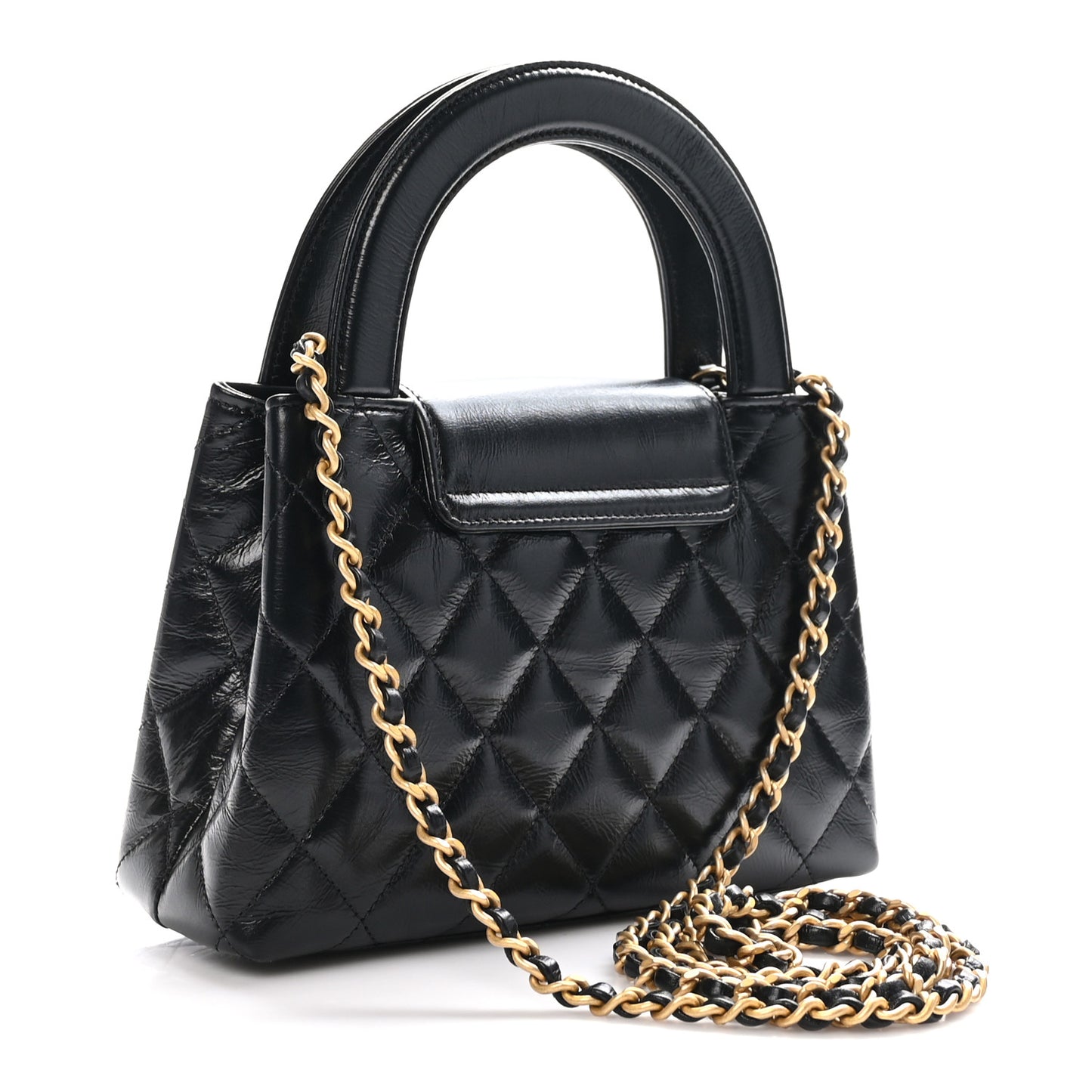 Shiny Aged Calfskin Quilted Nano Kelly Shopper Black