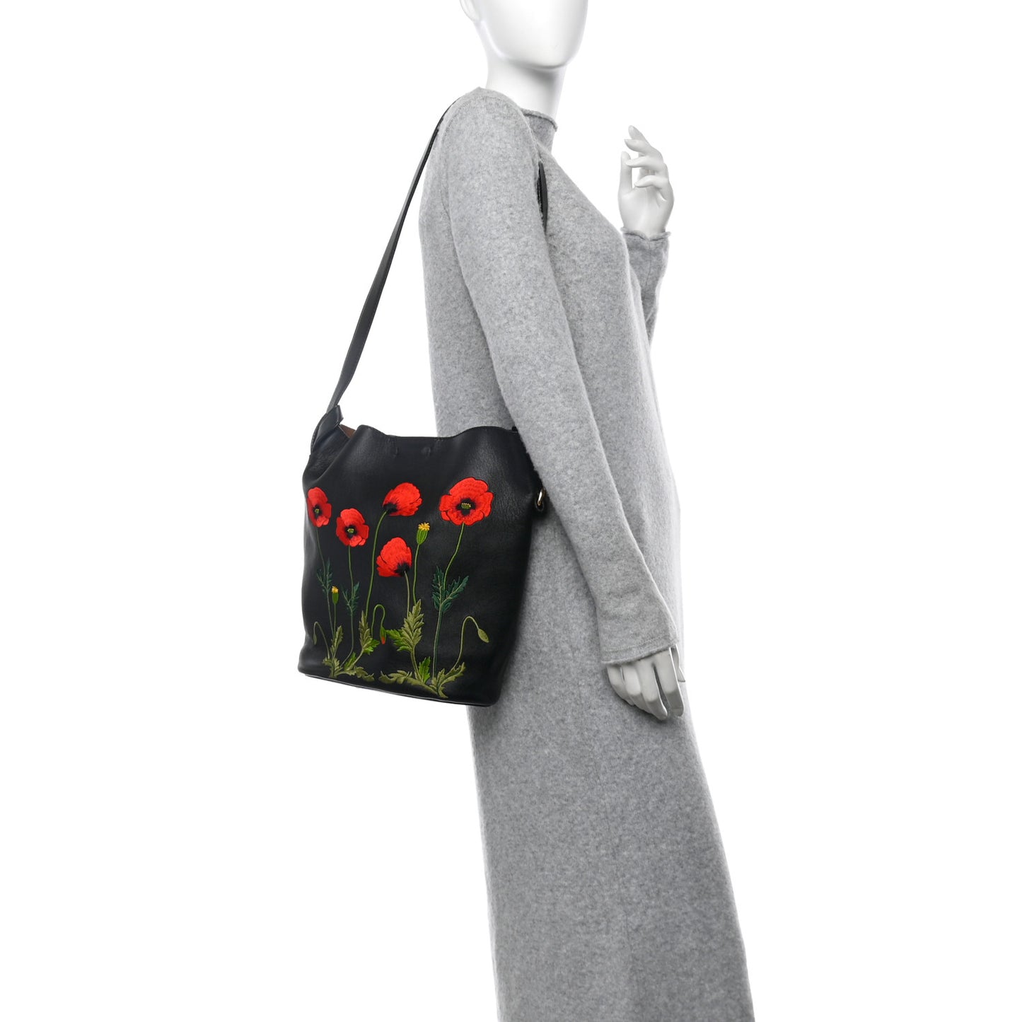Eco Alter Nappa Embroidered Flower Bucket Bag Black