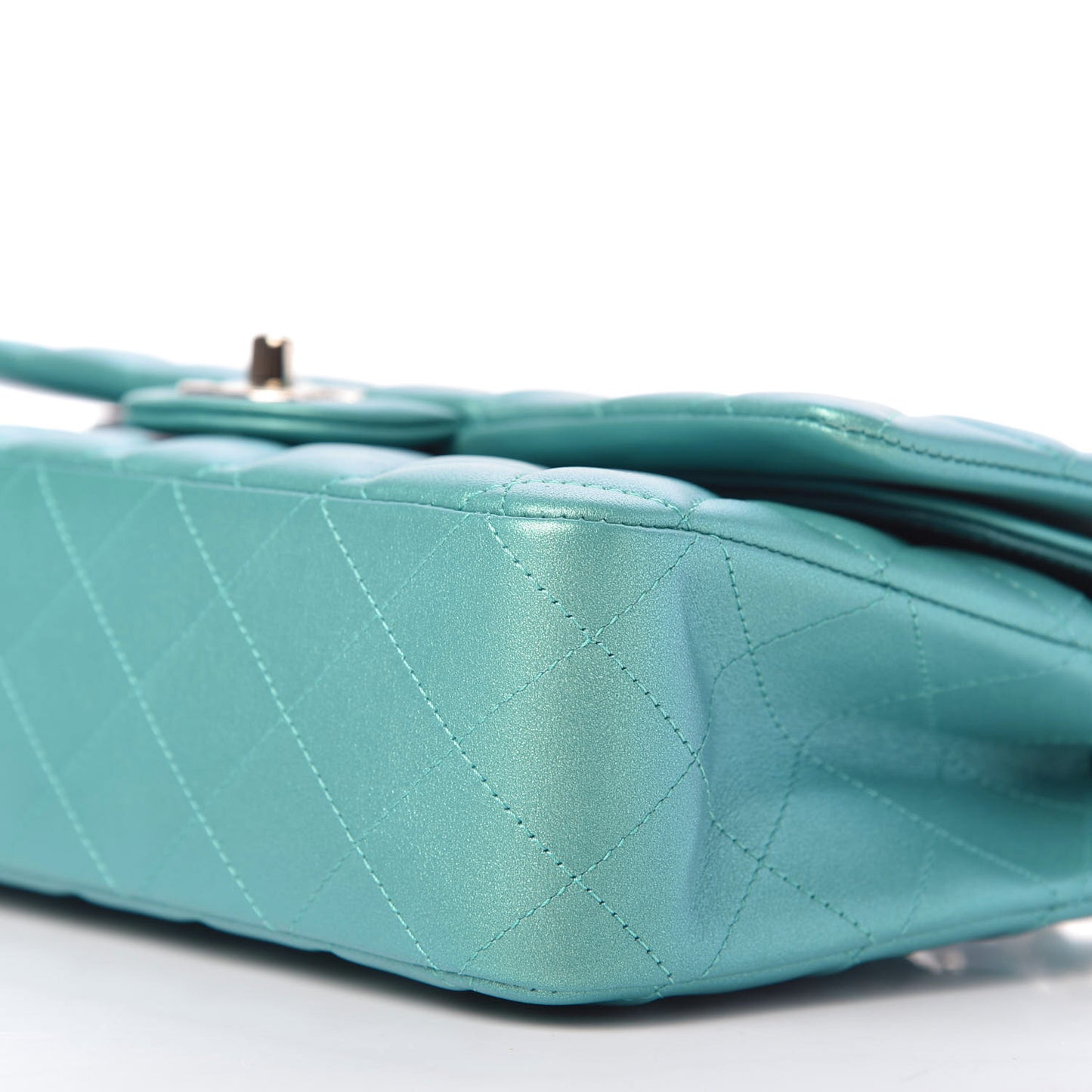 Iridescent Calfskin Quilted Medium Double Flap Green