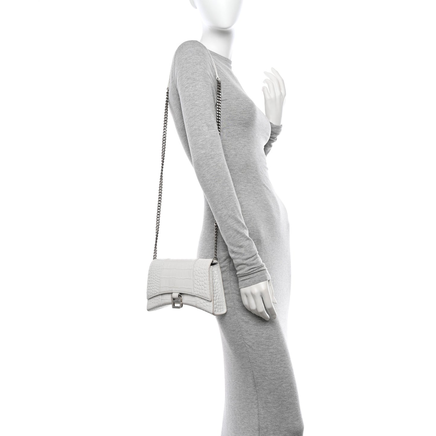 Shiny Calfskin Crocodile Embossed Small Hourglass Evening Chain Bag White