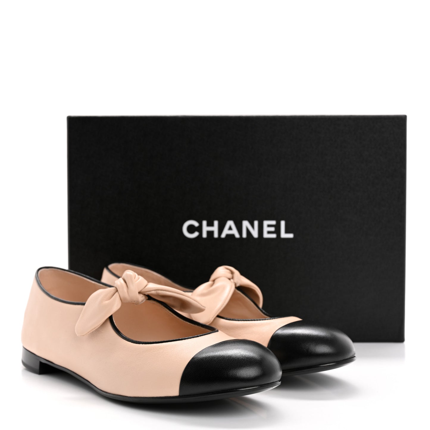 Lambskin Bow Mary Jane Flats 40.5 Beige Black