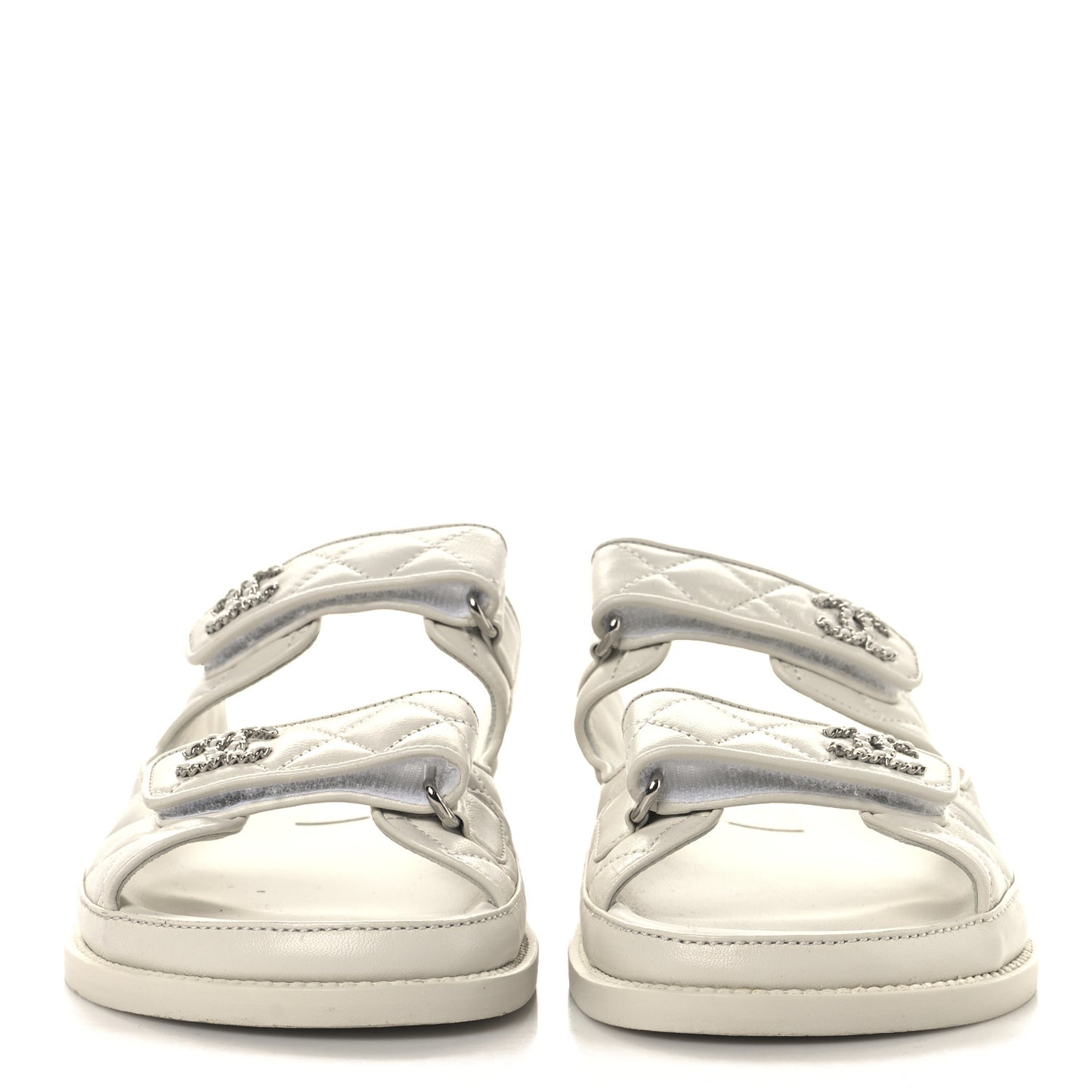 Lambskin Quilted Velcro Dad Chain CC Slide Sandals 38 White