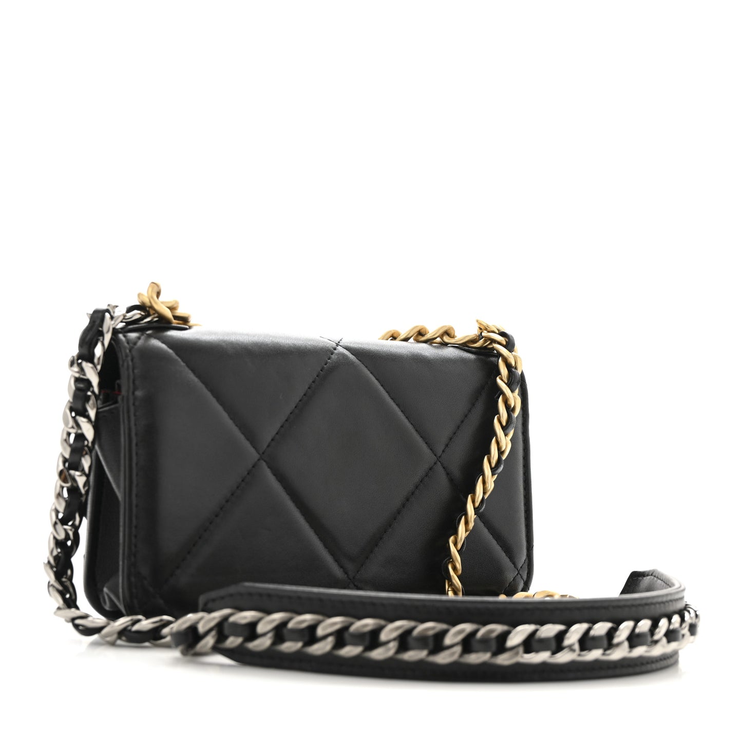 Lambskin Quilted Chanel 19 Flap Phone Holder With Chain Black