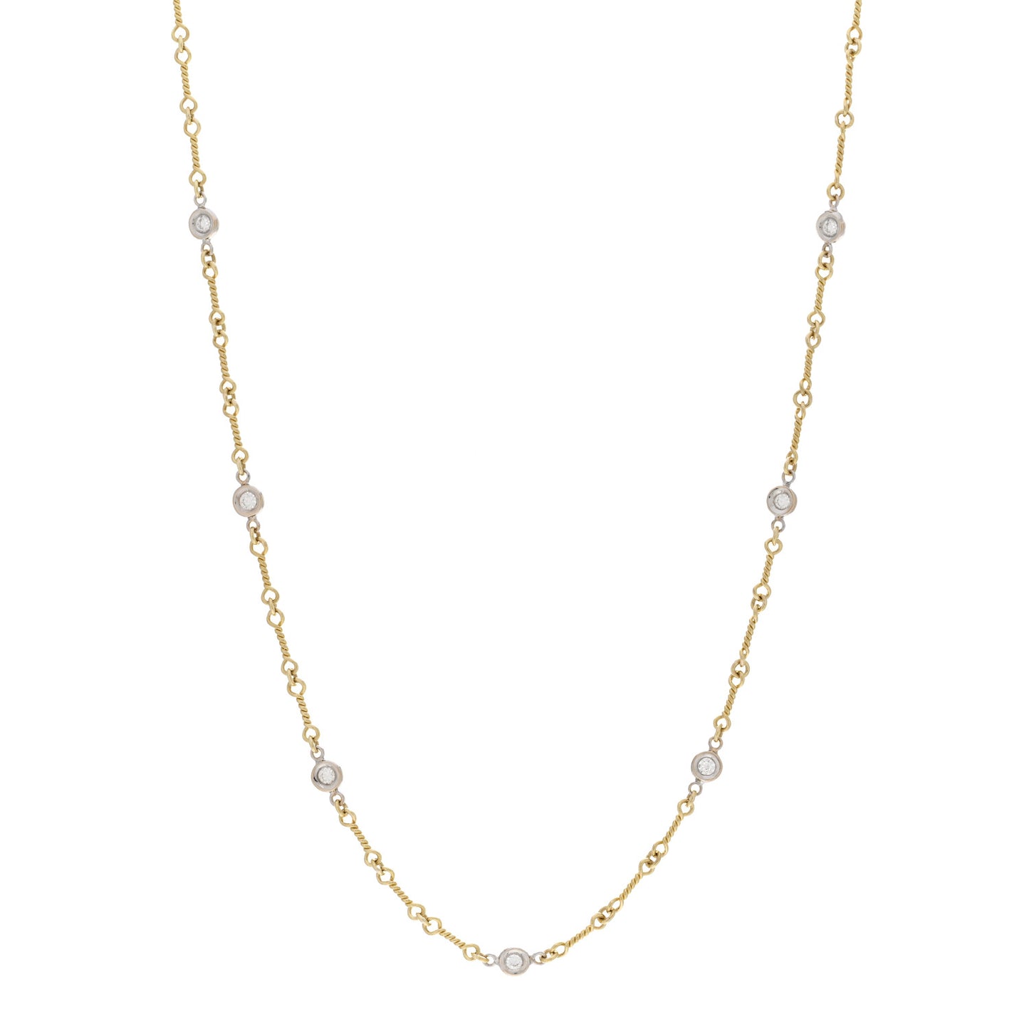 18K Yellow White Gold Diamond By the Inch Seven Station Dog Bone Necklace
