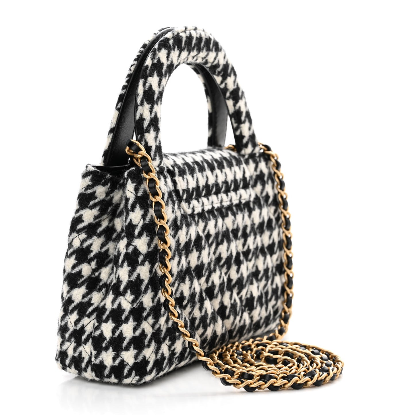 Tweed Houndstooth Quilted Nano Kelly Shopper Black White