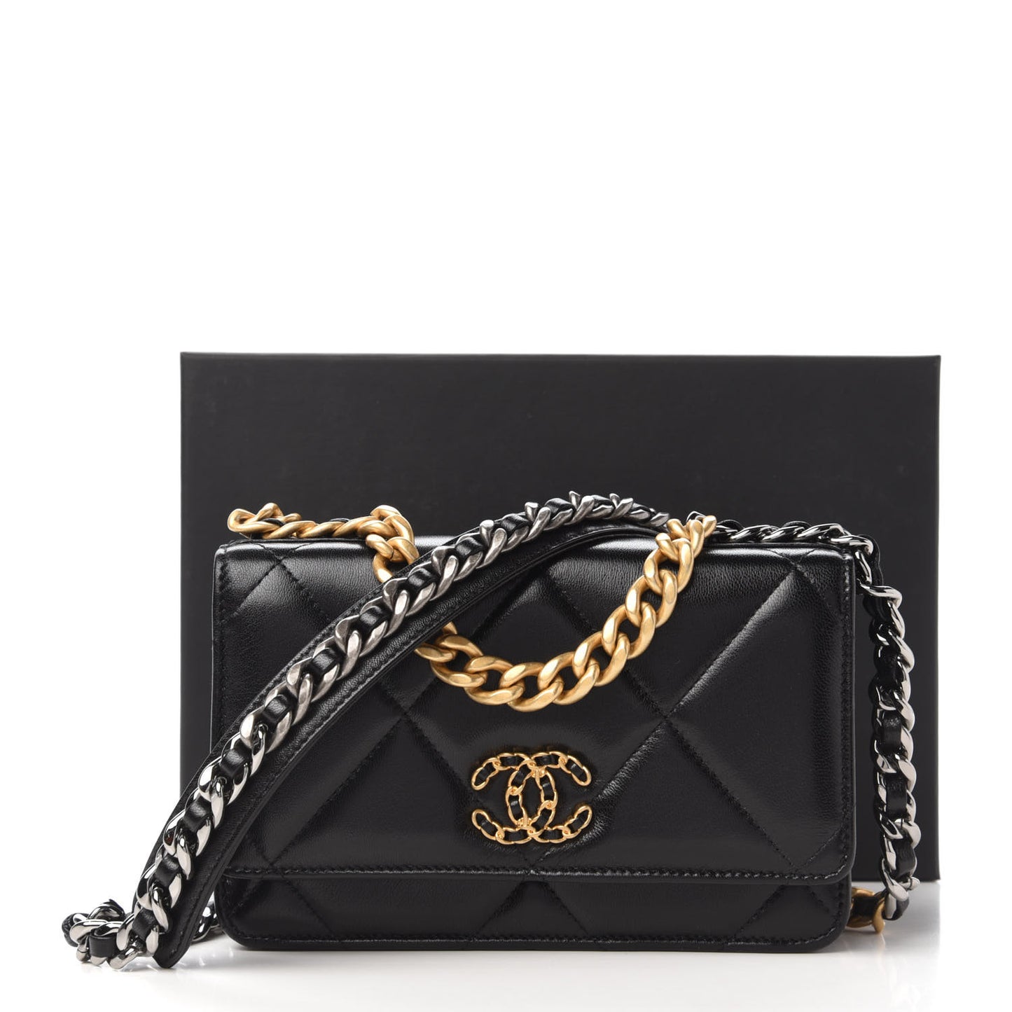 Lambskin Quilted Chanel 19 Wallet On Chain WOC Black