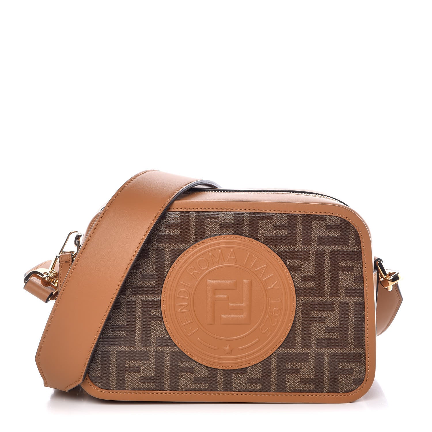 Fendi Glazed Fabric Vitello Century F is Fendi FF 1974 Stamp Patch Camera Case Mogano Panna Caramello 1 of 9