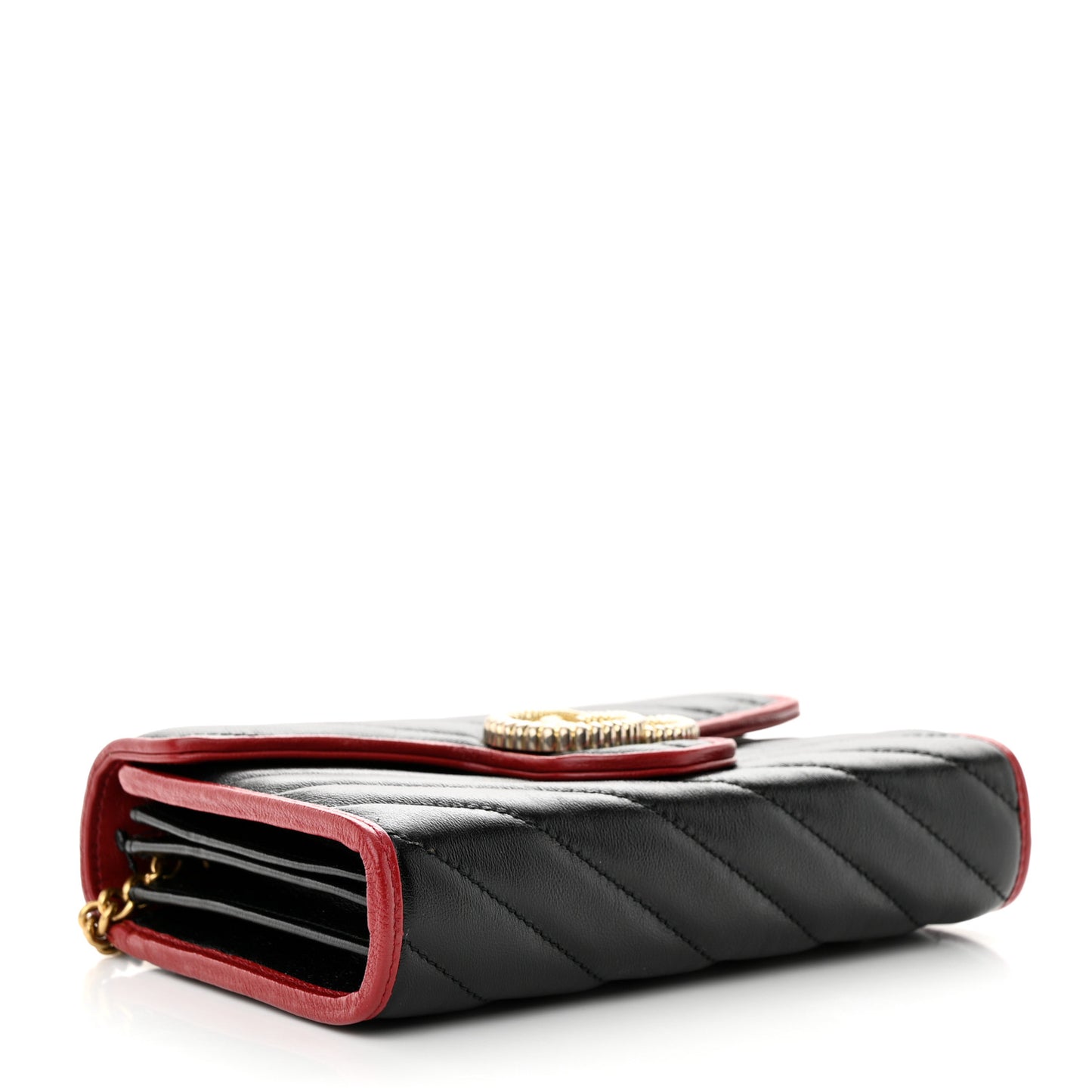 Vintage Effect Calfskin Matelasse Diagonal Torchon GG Marmont Chain Wallet Black Romantic Cherry
