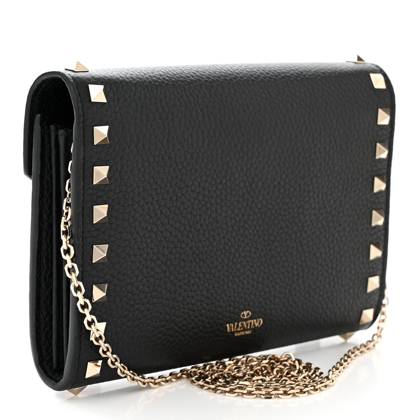 Pebbled Calfskin Rockstud Envelope Wallet on Chain Black