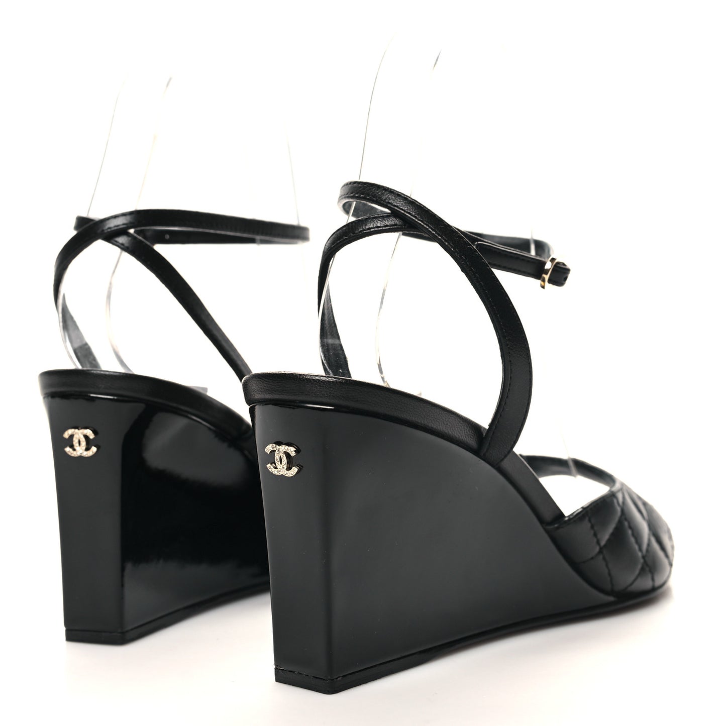 Lambskin Patent Quilted Wedge Sandals 36.5 Black