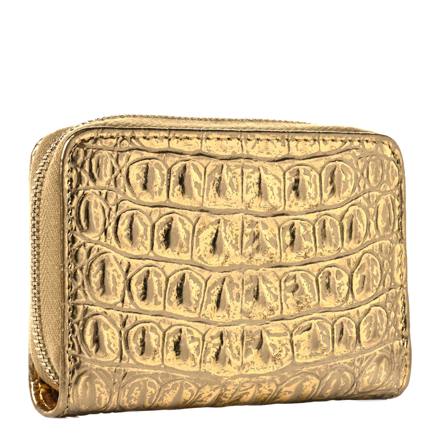 Metallic Calfskin Crocodile Embossed Cocodile Zip Coin Case Gold
