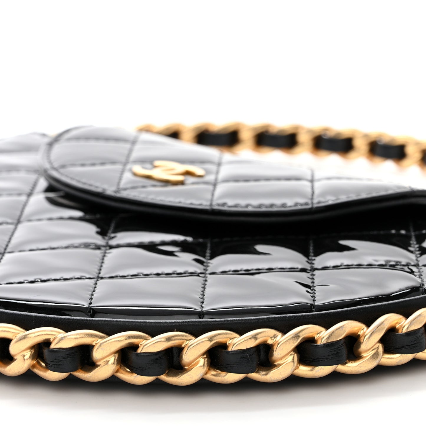 Patent Calfskin Quilted Chain Hoop Bag Black
