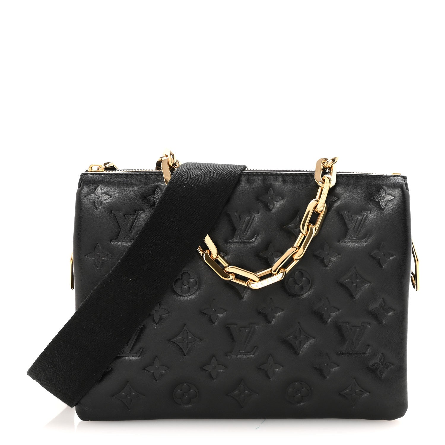あ*し様 LOUIS VUITTON エンボスロゴ ブラックレザー バッグ　MI Louis Vuitton Lambskin Embossed Monogram Coussin PM Black 1883809