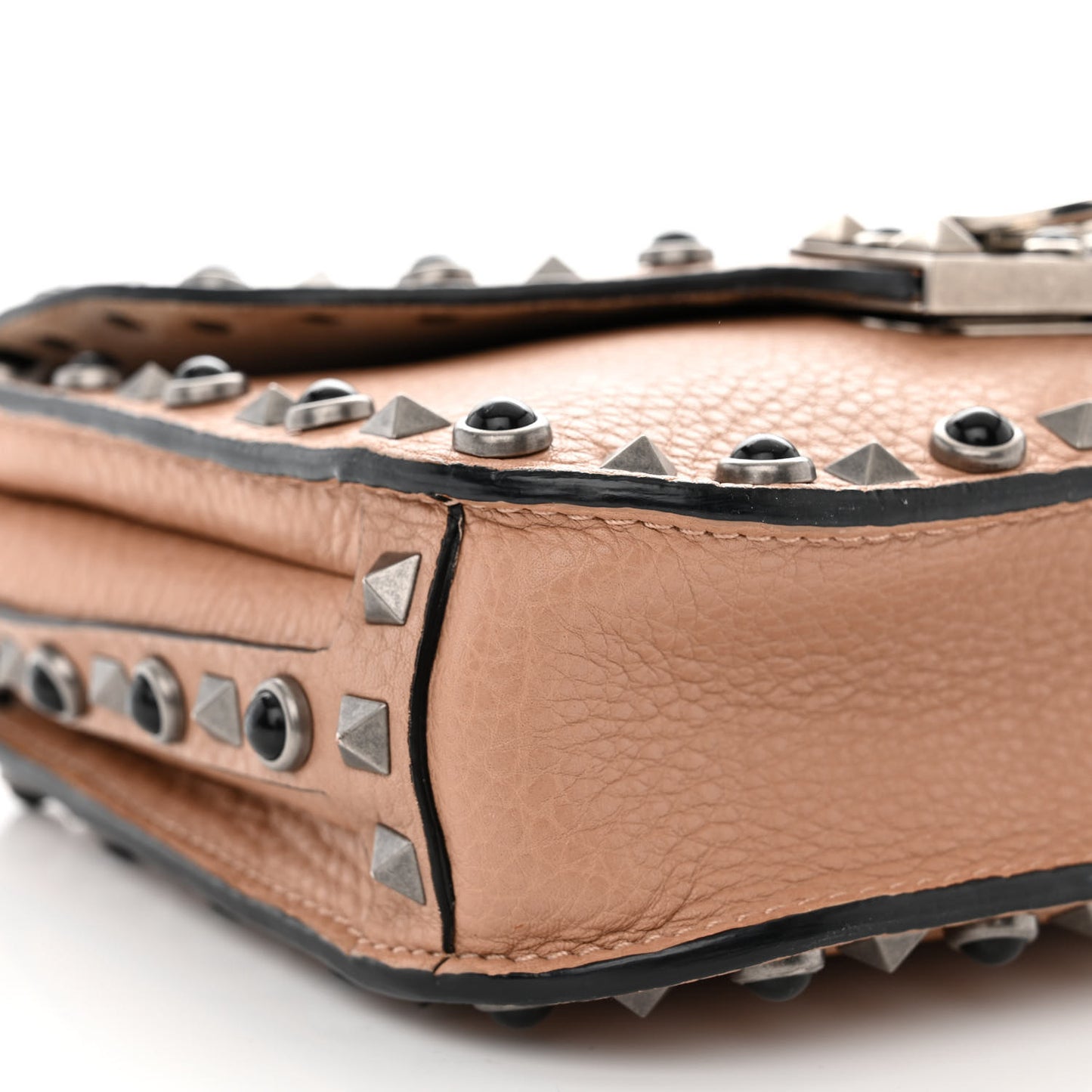 Grained Calfskin Onyx Guitar Strap Rockstud Rolling Shoulder Flap Messenger Bag Soft Noisette
