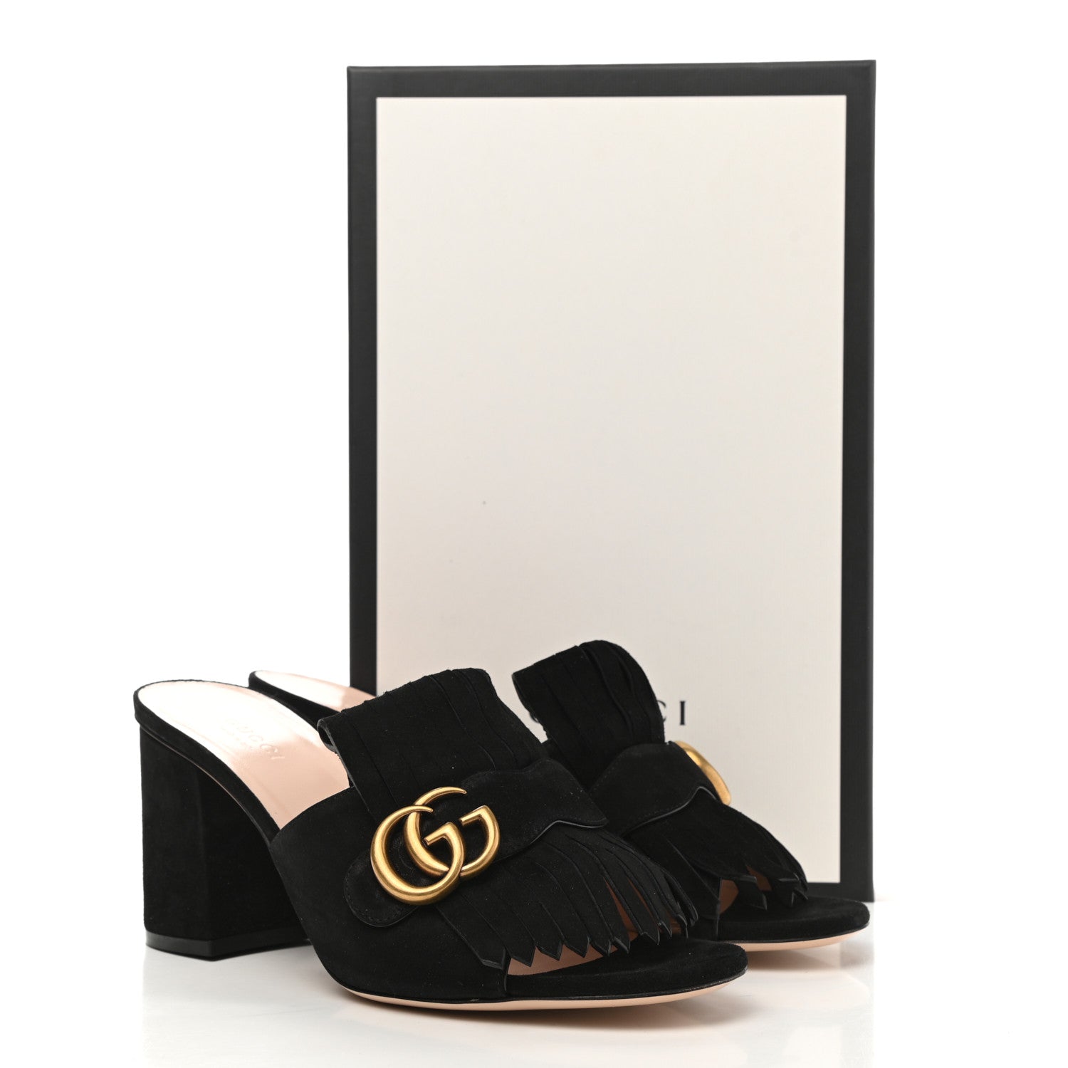 Gucci Kid Scamosciato GG Marmont Fringe 75mm Slide Sandals 39.5 Black 9 of 9