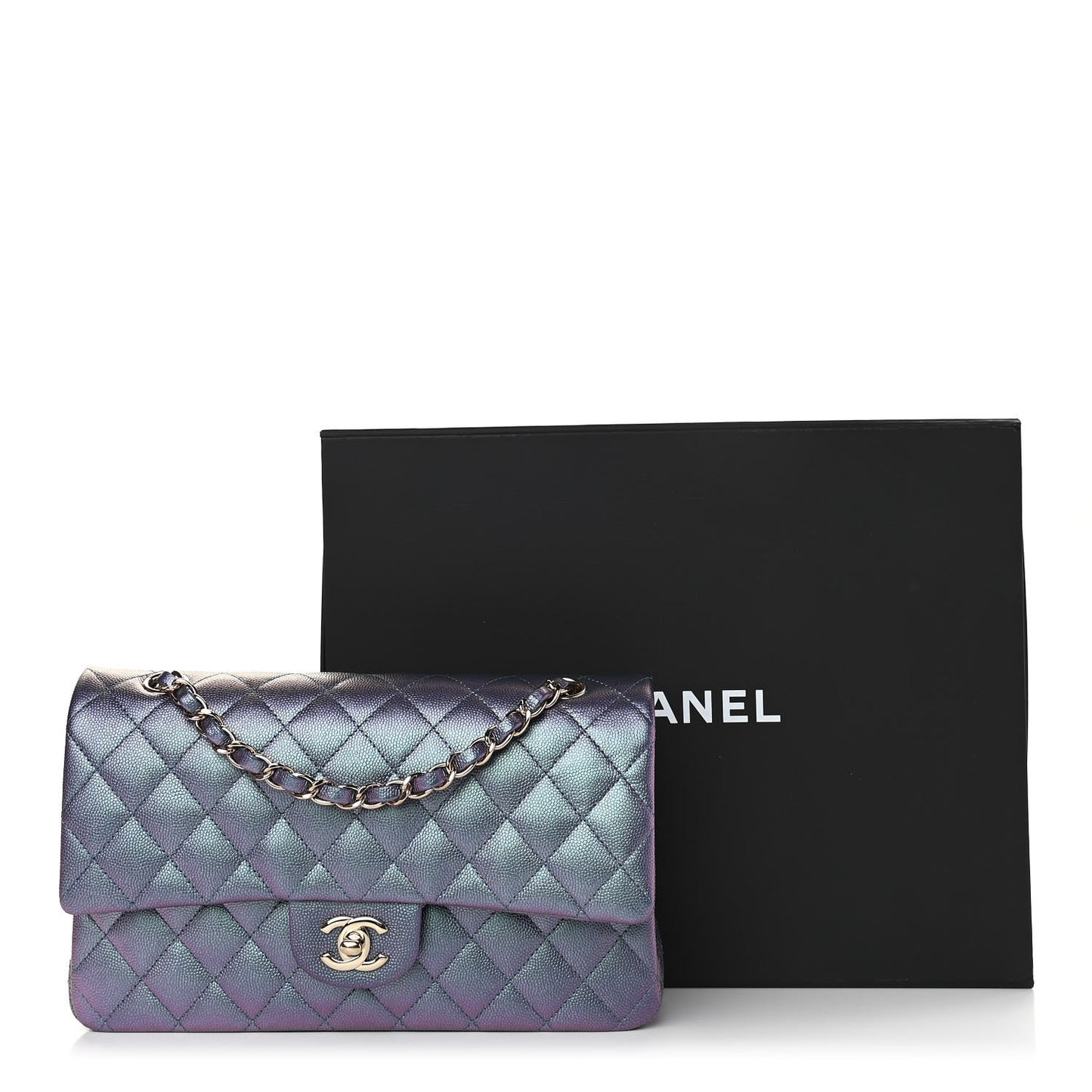 Iridescent Caviar Quilted Medium Double Flap Dark Blue