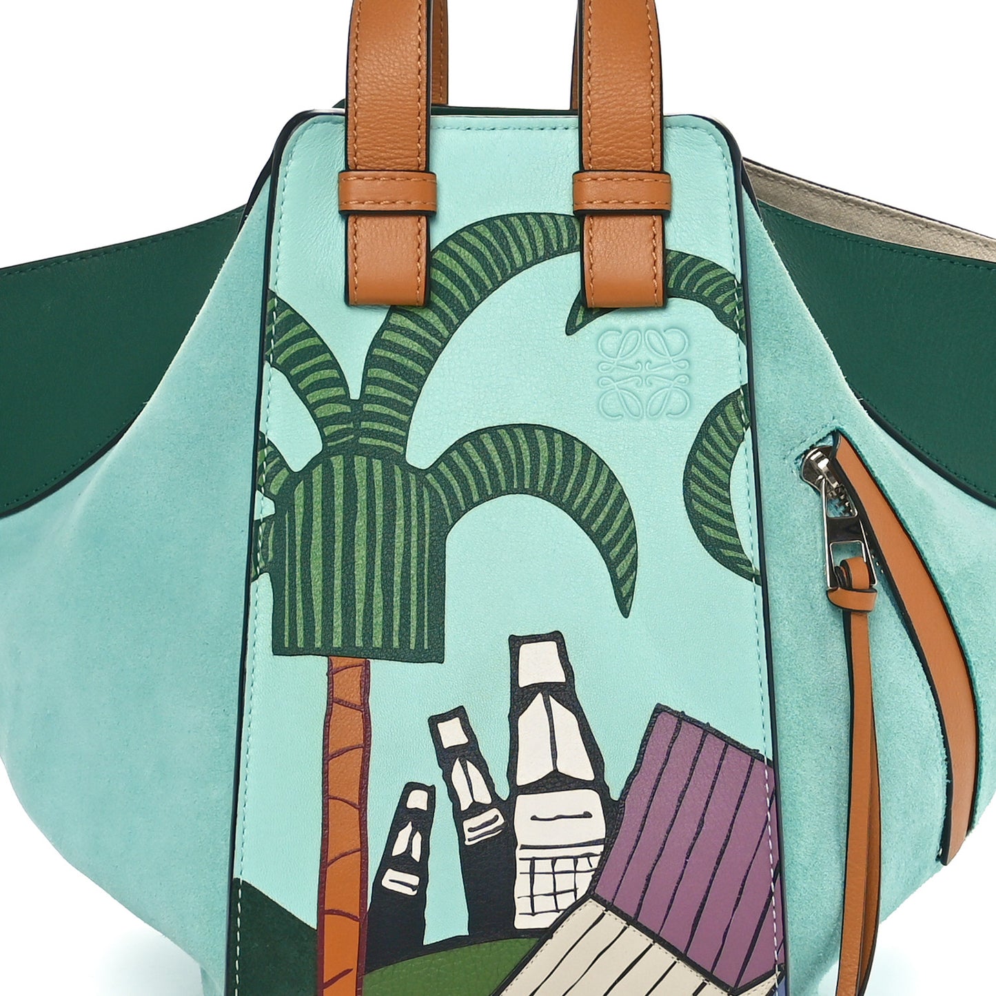 X KEN PRICE Calfskin Suede Small Easter Island Hammock Shoulder Bag Blue Tan Multicolor