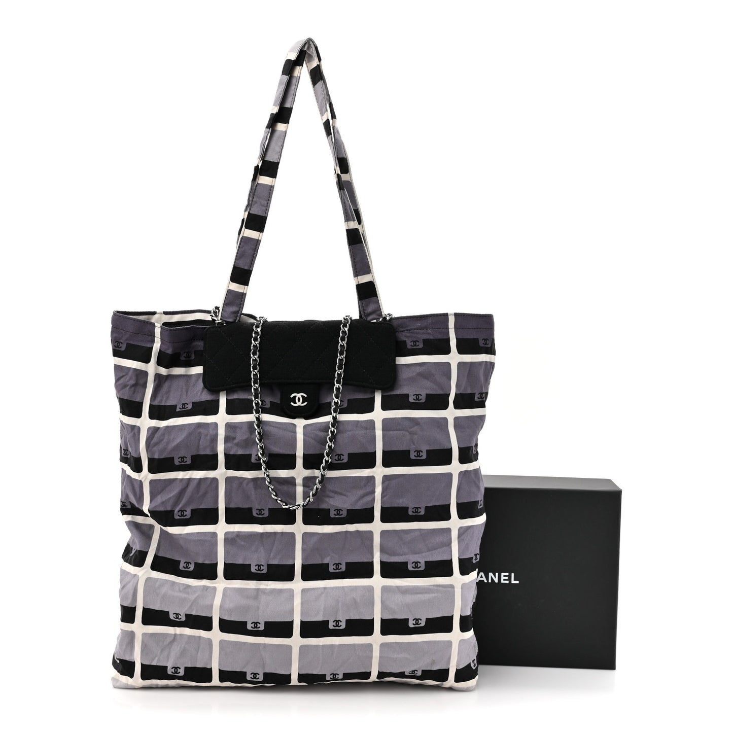 Jersey Fabric Quilted Foldable Tote With Chain Black Multicolor