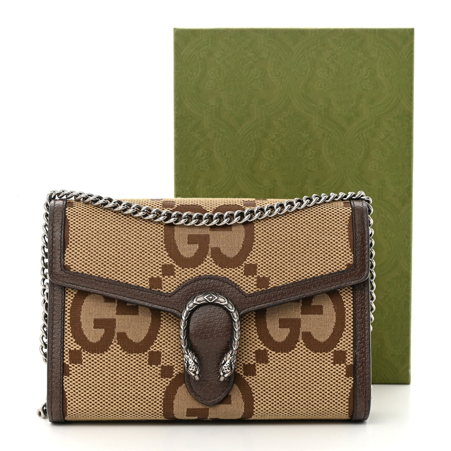 Monogram Jumbo GG Textured Dollar Calfskin Mini Dionysus Chain Wallet Camel Ebony New Acero