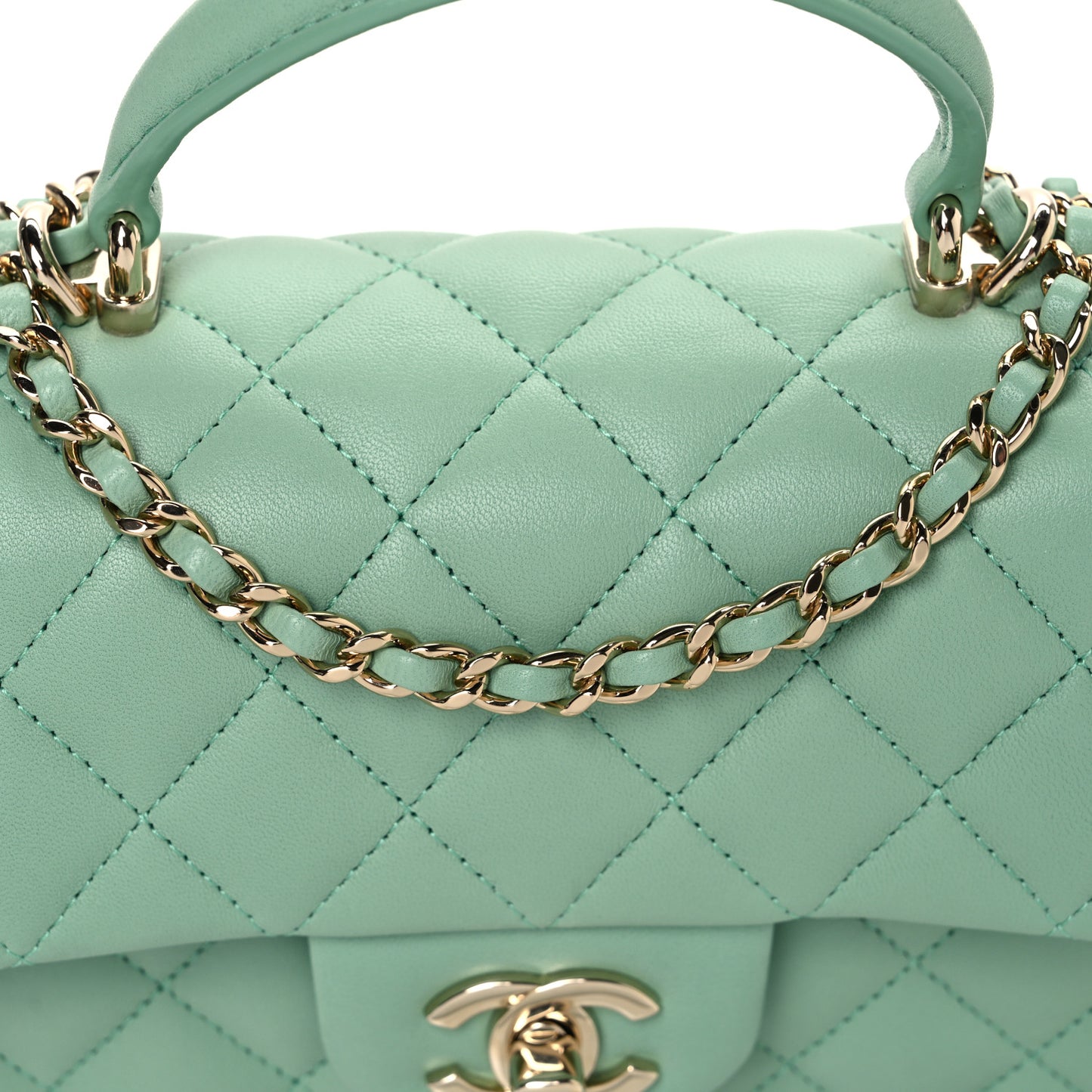Lambskin Quilted Mini Top Handle Rectangular Flap Light Green