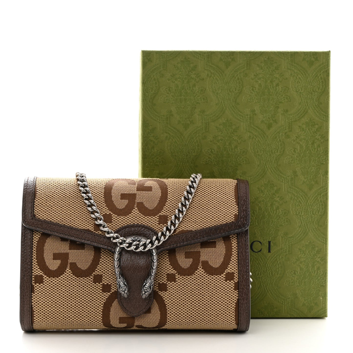 Monogram Jumbo GG Textured Dollar Calfskin Mini Dionysus Chain Wallet Camel Ebony New Acero