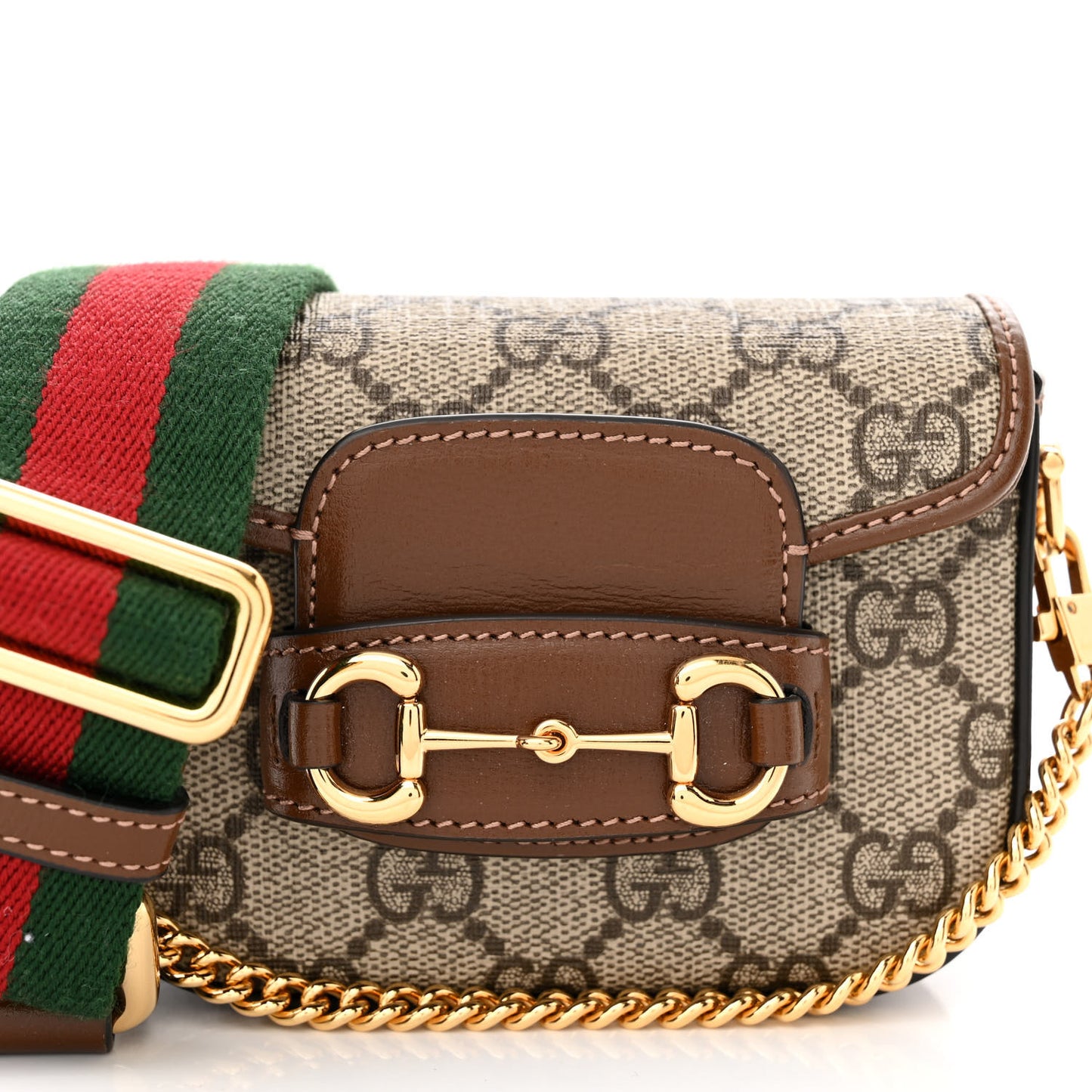 GG Supreme Monogram Azalea Calfskin Web Horsebit 1955 Wallet On Strap Beige Ebony Brown Sugar