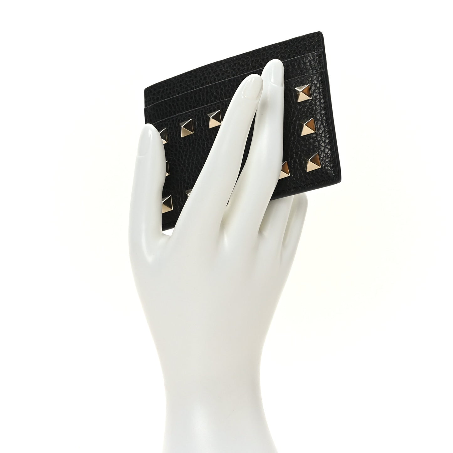 Pebbled Calfskin Rockstud Card Holder Black
