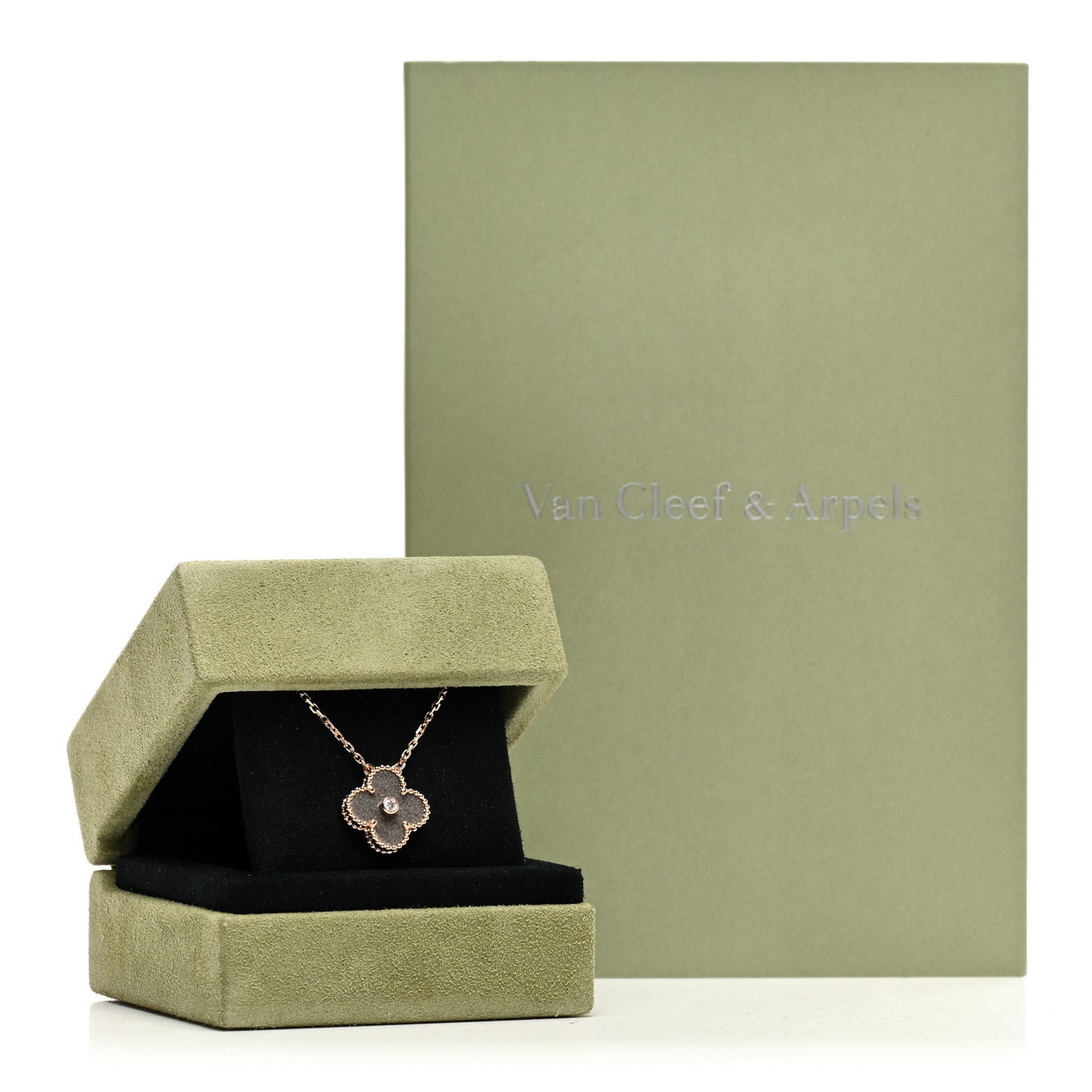 18K Rose Gold Diamond Silver Obsidian Vintage Alhambra Pendant Necklace