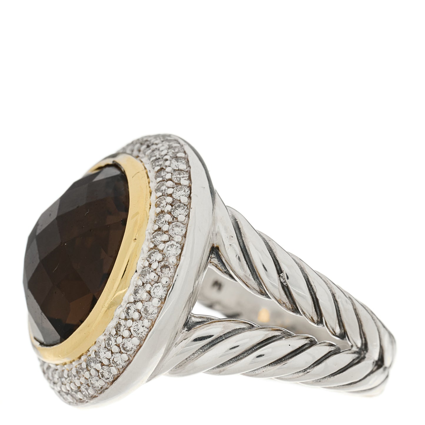 Sterling Silver 18K Yellow Gold Smoky Quartz Cognac Diamond Round Cocktail Ring 52 6