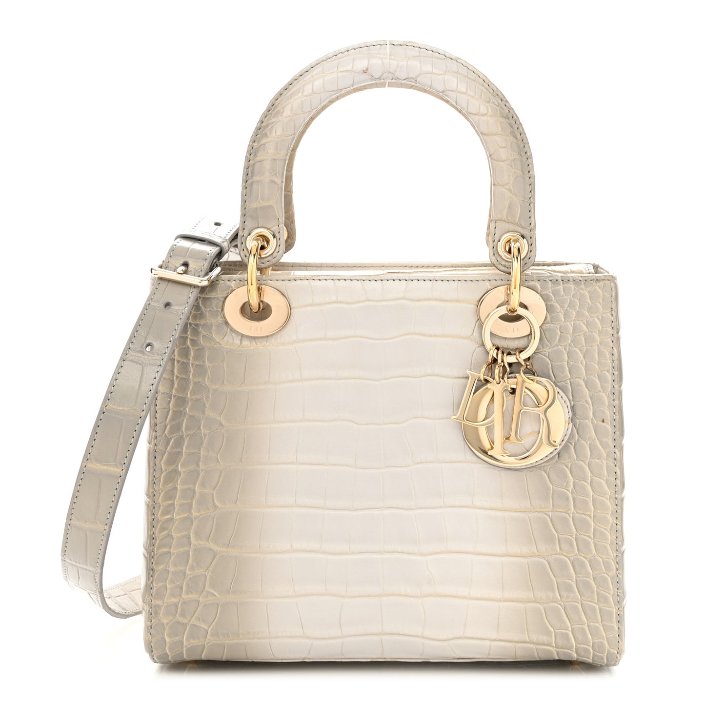 Metallic Alligator Medium Lady Dior White Grey