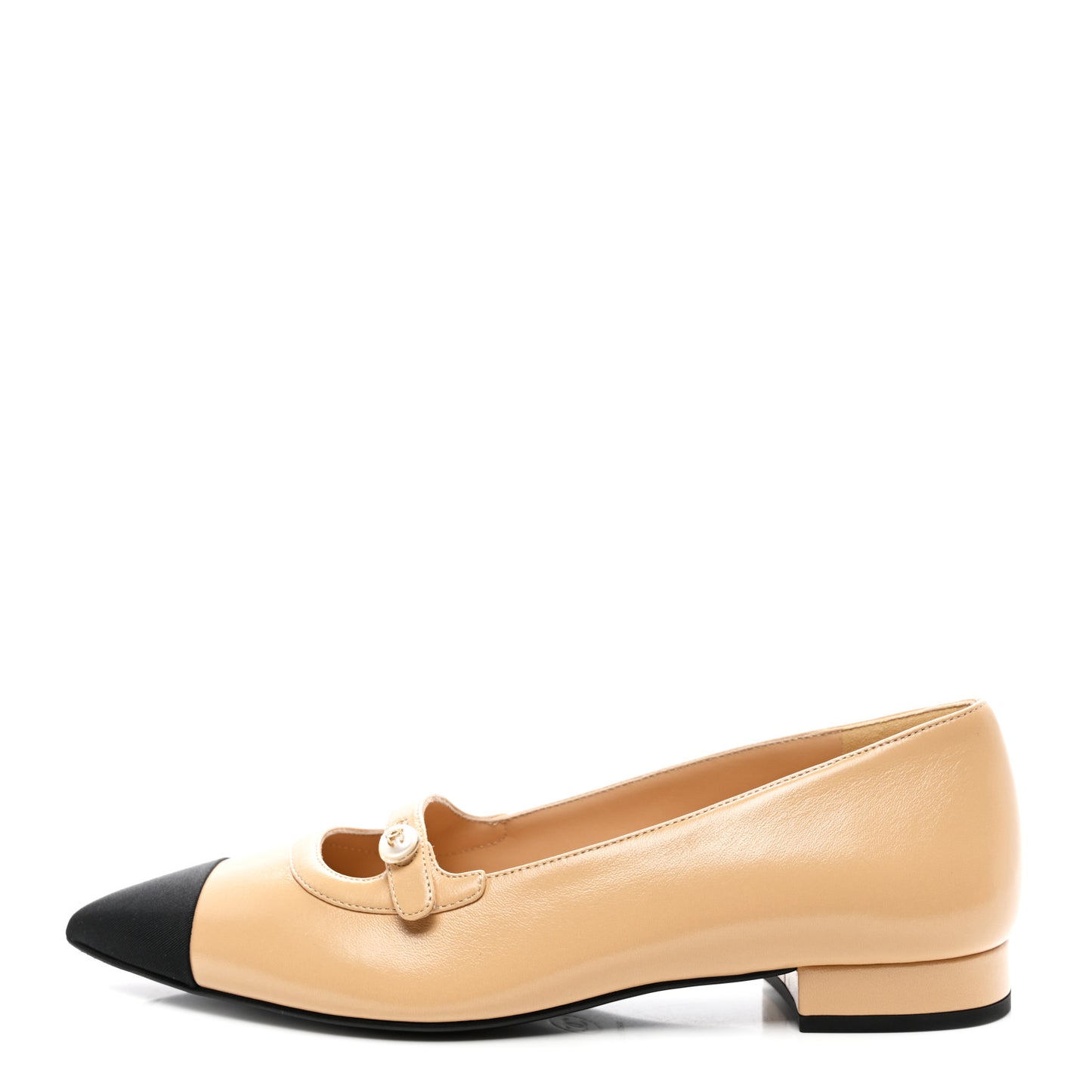 Lambskin Grosgrain Pointed Toe CC Ballet Flats 39 Beige Black