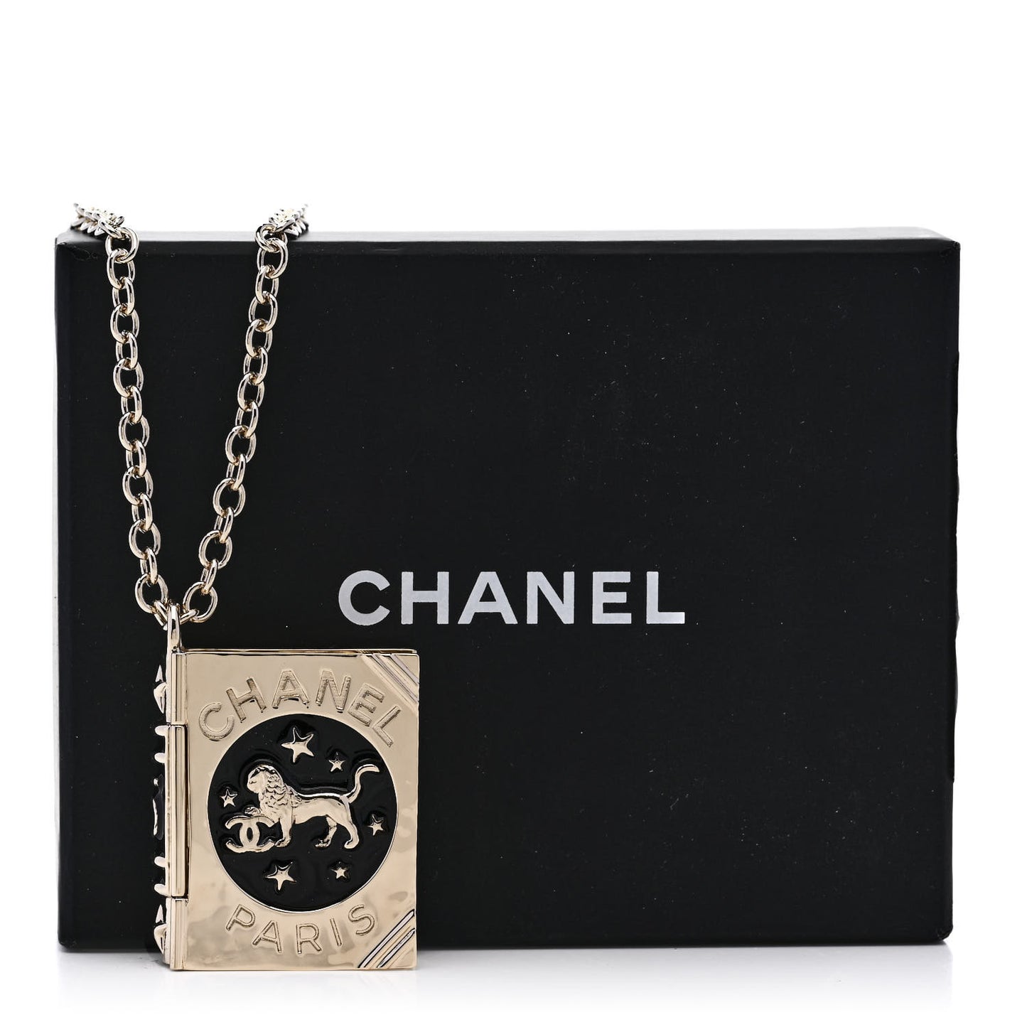 Metal CC Lion Book Locket Necklace Gold