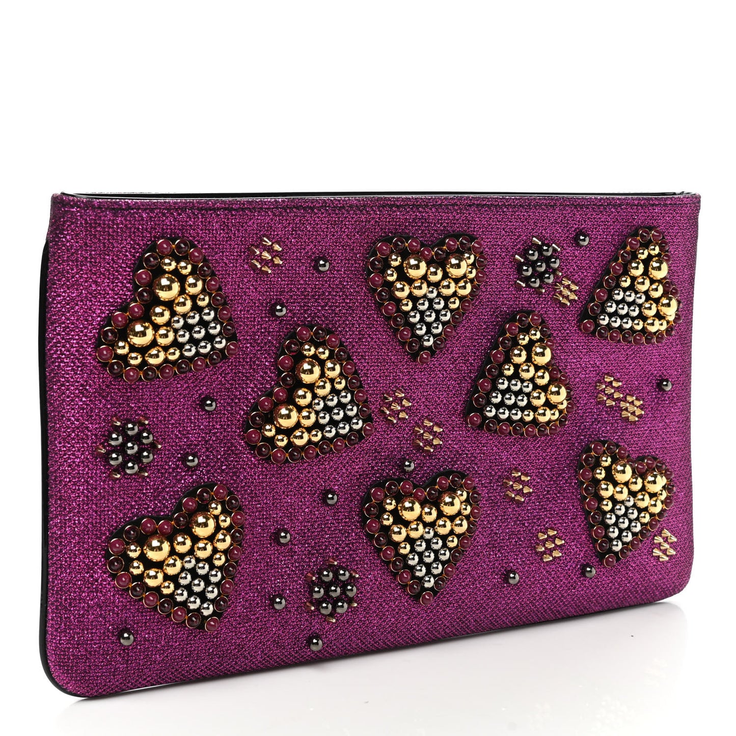 Metallic Raffia Studded Loubiposh Chain Clutch Magenta