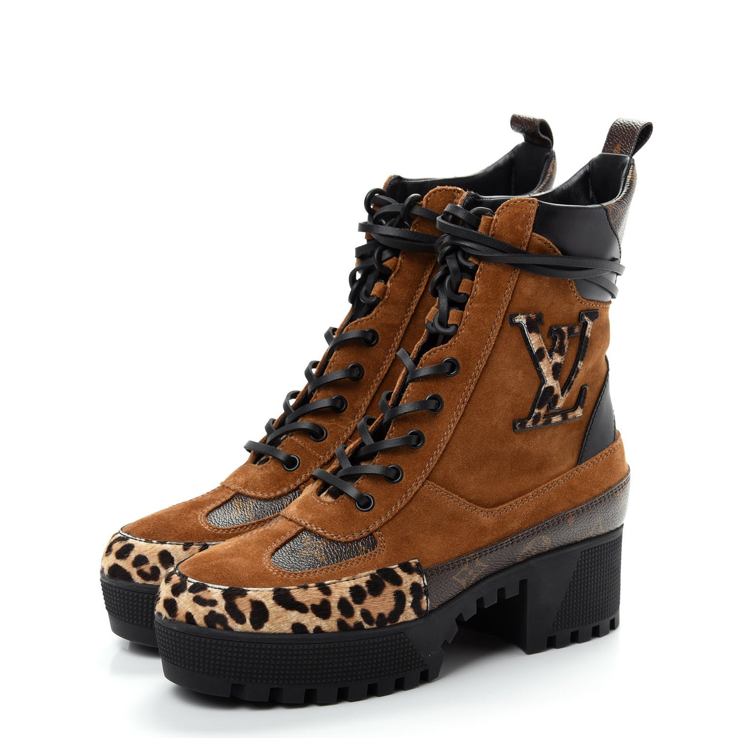 Suede Calfskin Monogram Laureate Platform Desert Boots 38.5 Cognac