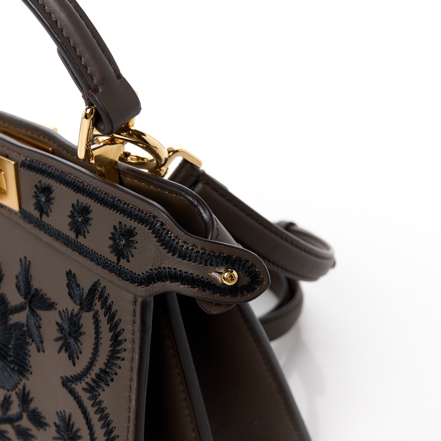 Fendi Vitello Seta Shiny Nappa Floral Embroidered Petite Peekaboo I SEE U Satchel Carbone Black 13 of 14