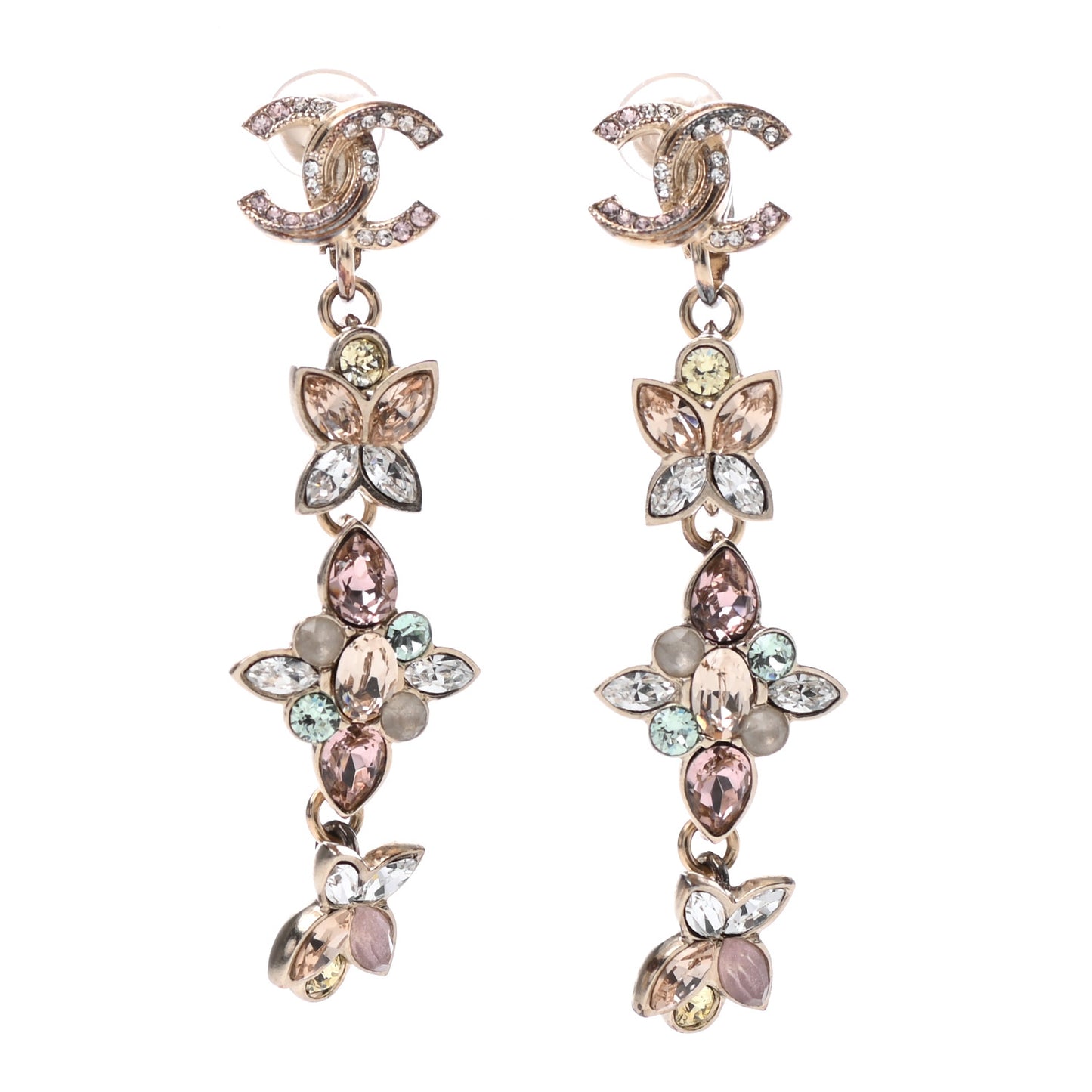 Crystal CC Clip On Drop Earrings Gold