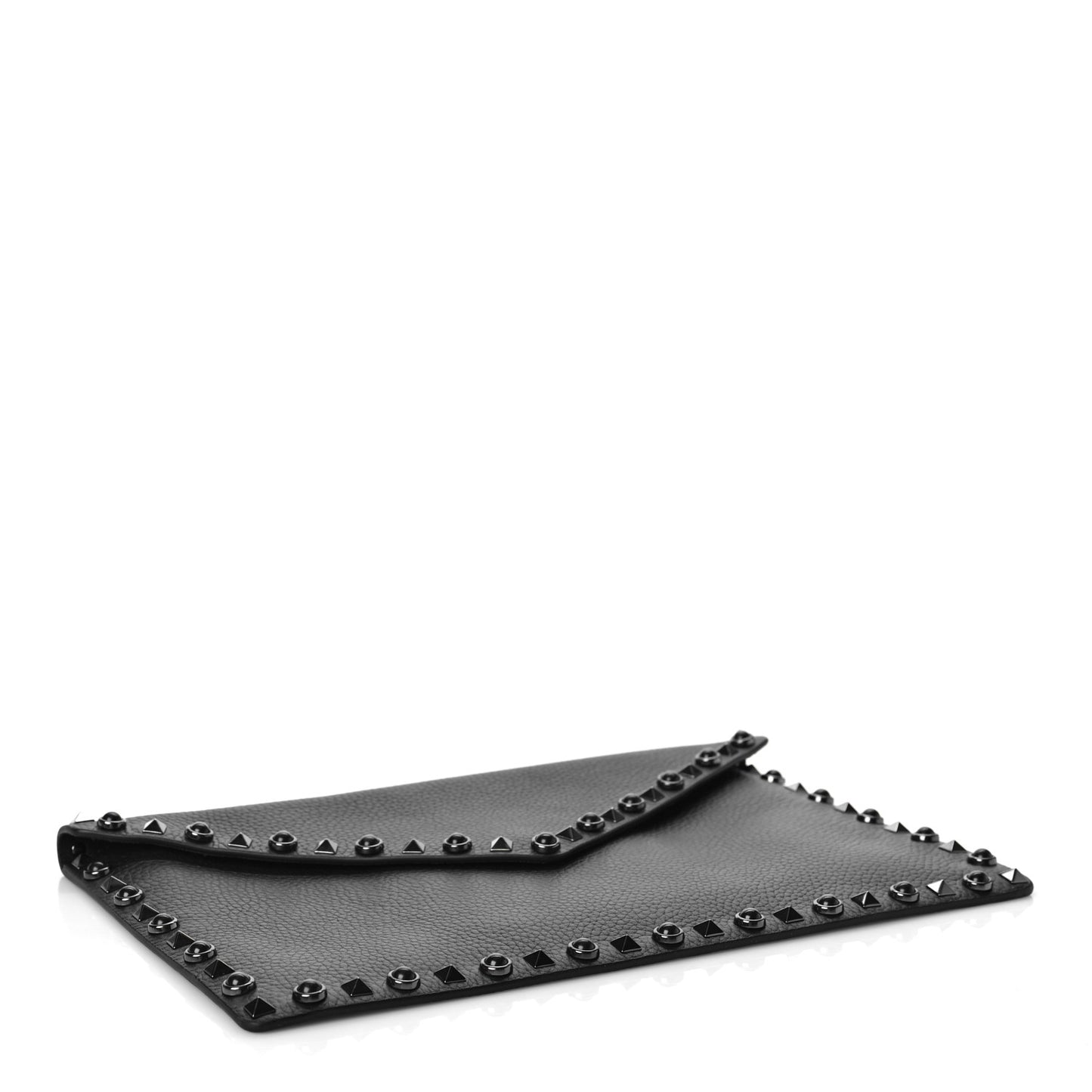 Pebbled Calfskin Rockstud Rolling Envelope Clutch Black