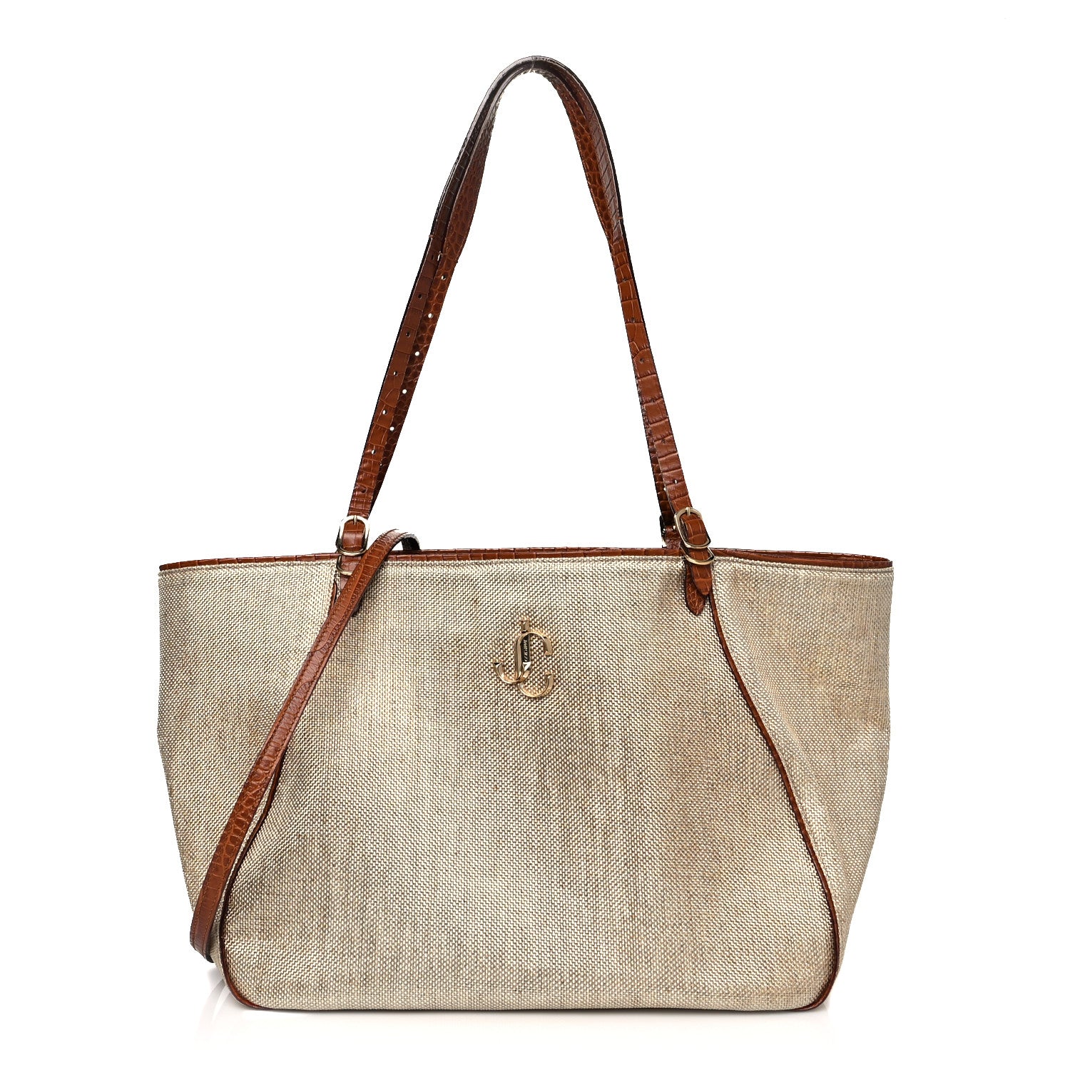 Jimmy Choo Lamé Raffia Crocodile Embossed Trim Varenne Tote Natural Cuoio 1 of 13