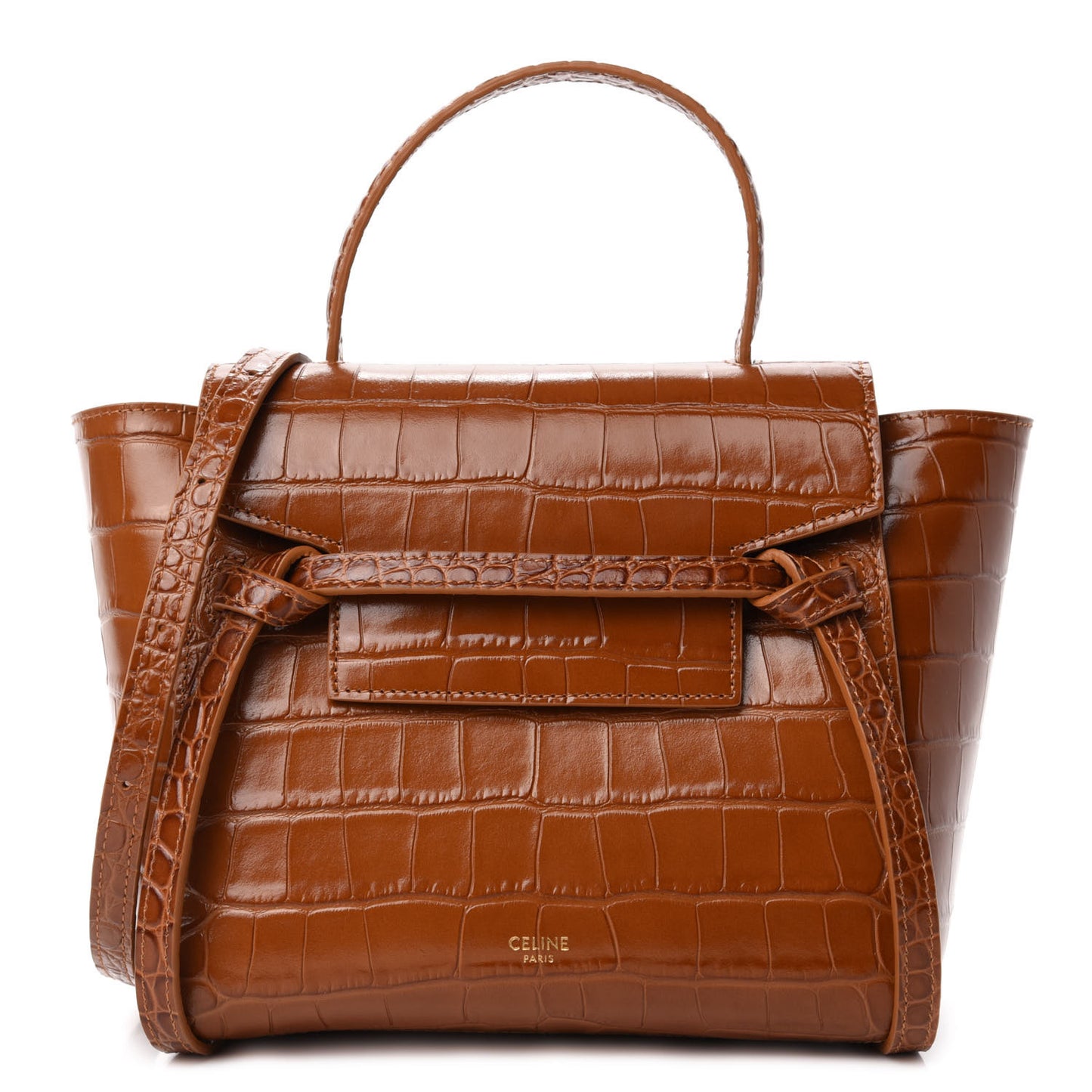 Calfskin Crocodile Embossed Nano Belt Bag Camel