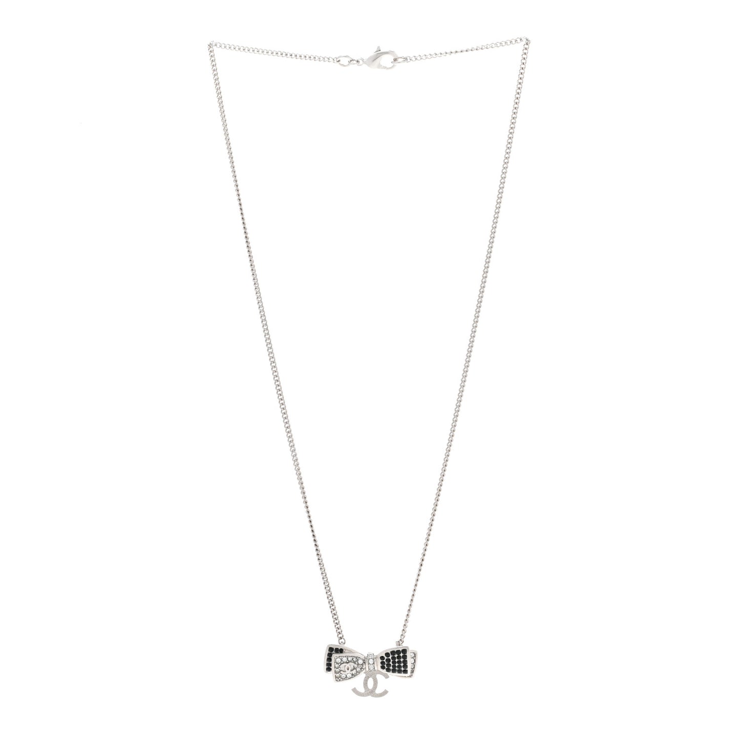 Crystal CC Bow Necklace Silver Black