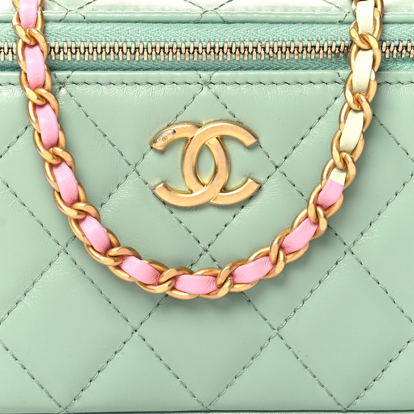 Shiny Calfskin Quilted Small Top Handle Vanity Case With Chain Light Green