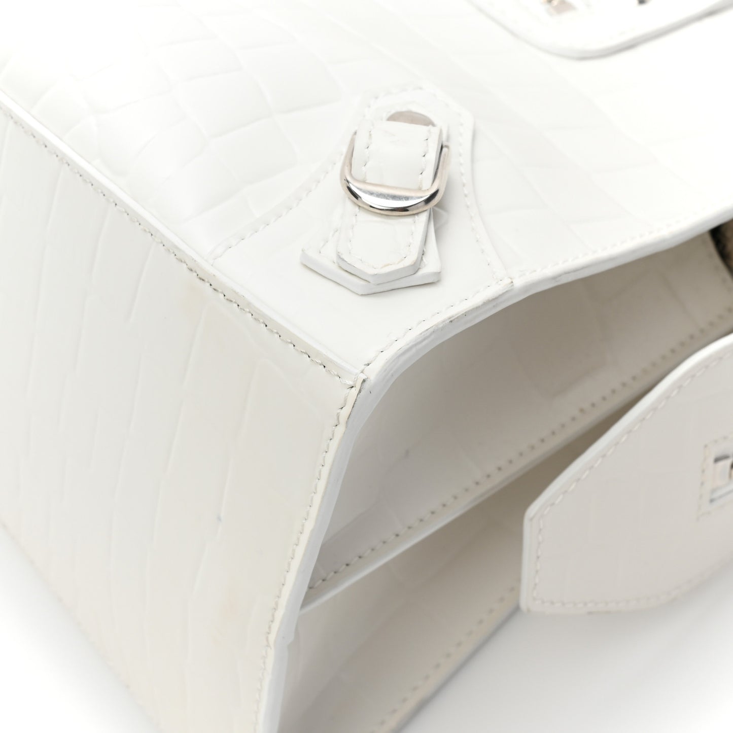 Semi Shiny Calfskin Crocodile Embossed Neo Classic Silver Hardware S City White
