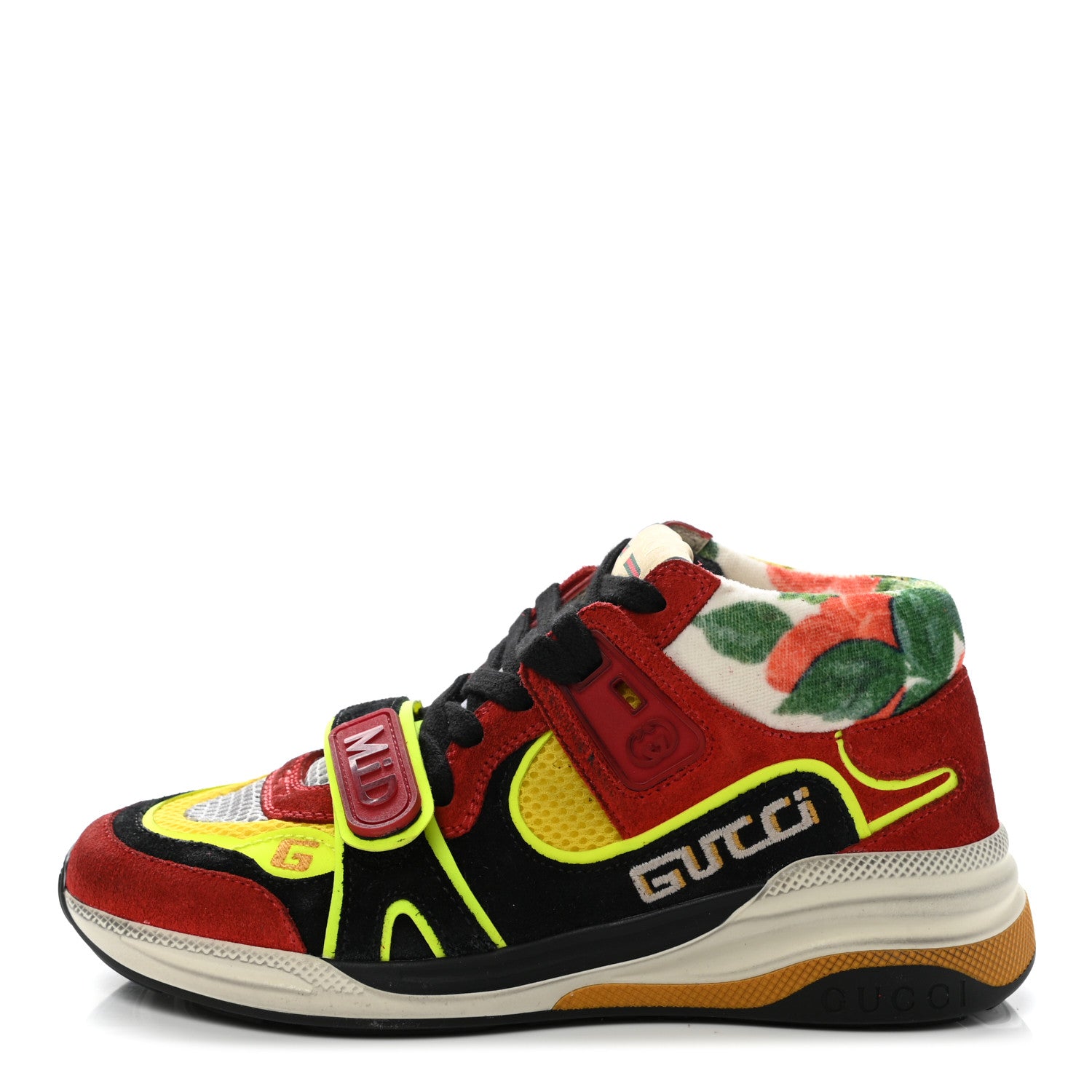Gucci Suede Calfskin Womens Ultrapace Mid Top Sneakers 35 Hibiscus Red Black Neon Yellow Yolk 1 of 7