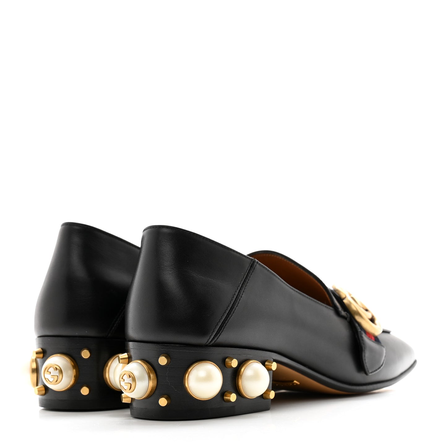 Betis Glamour Calfskin Web Pearl Embellished Peyton 35mm Loafer Pumps 36 Black