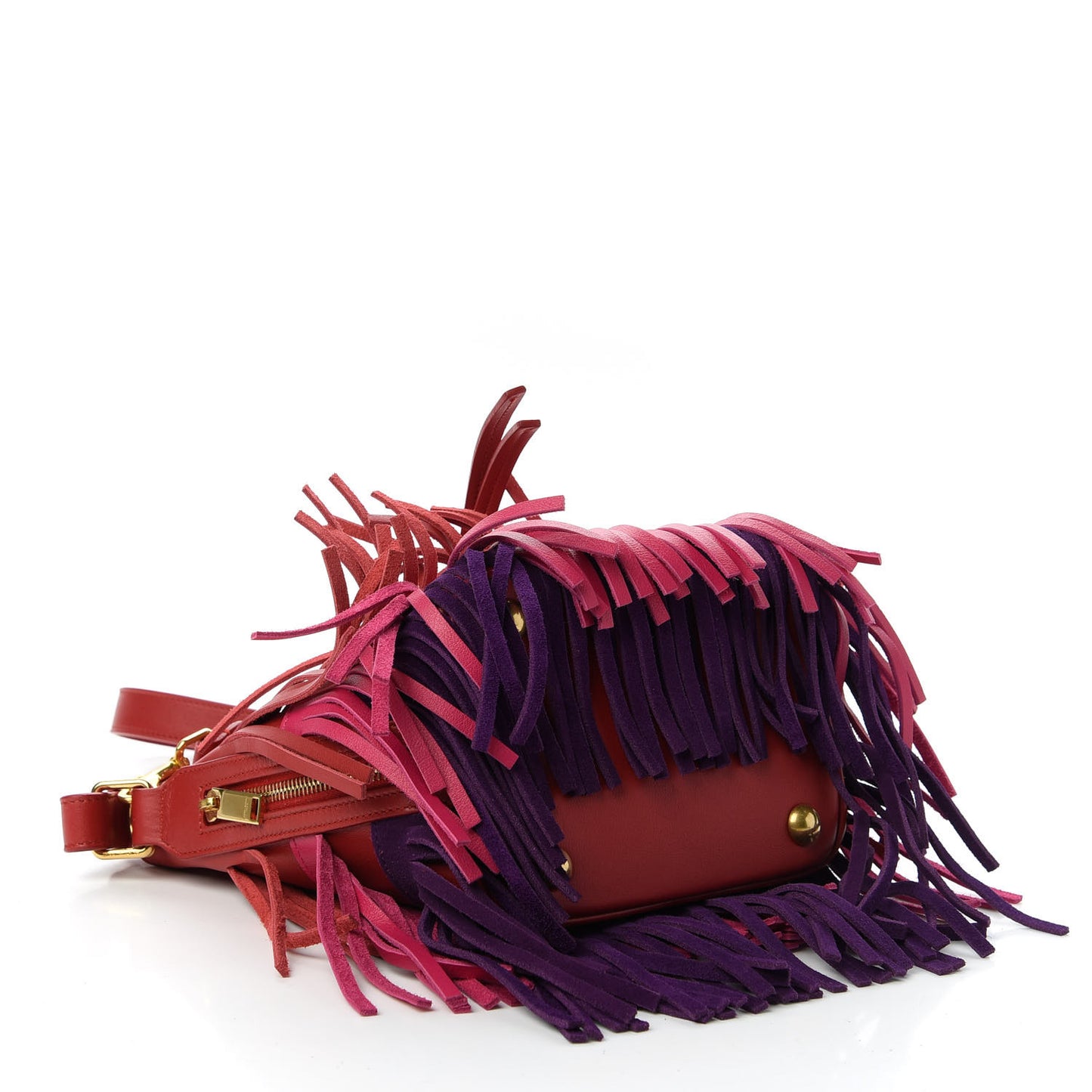 Calfskin Tri-Color Small Emmanuelle Fringe Bucket Bag Red Bubblegum Purple