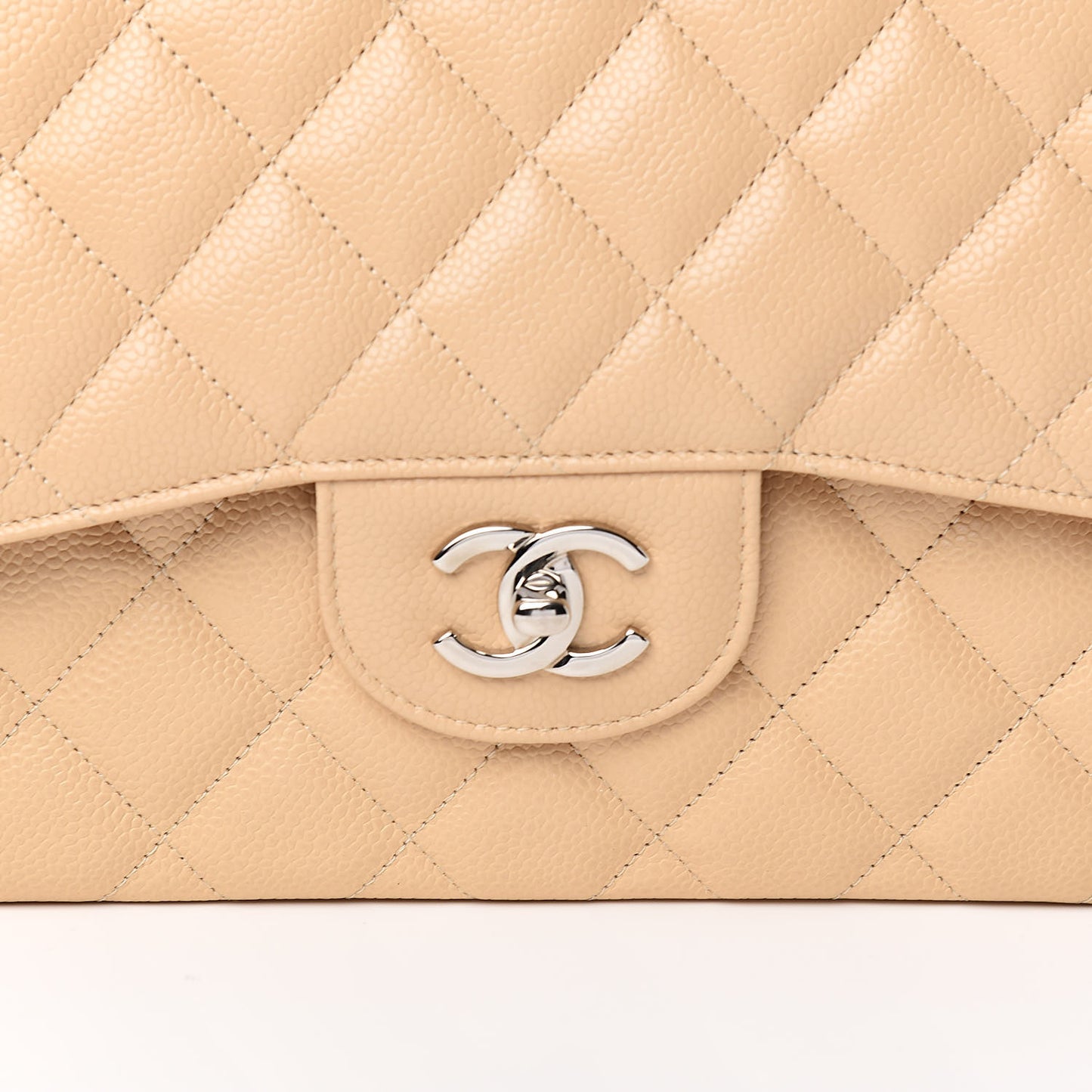Caviar Quilted Jumbo Double Flap Beige